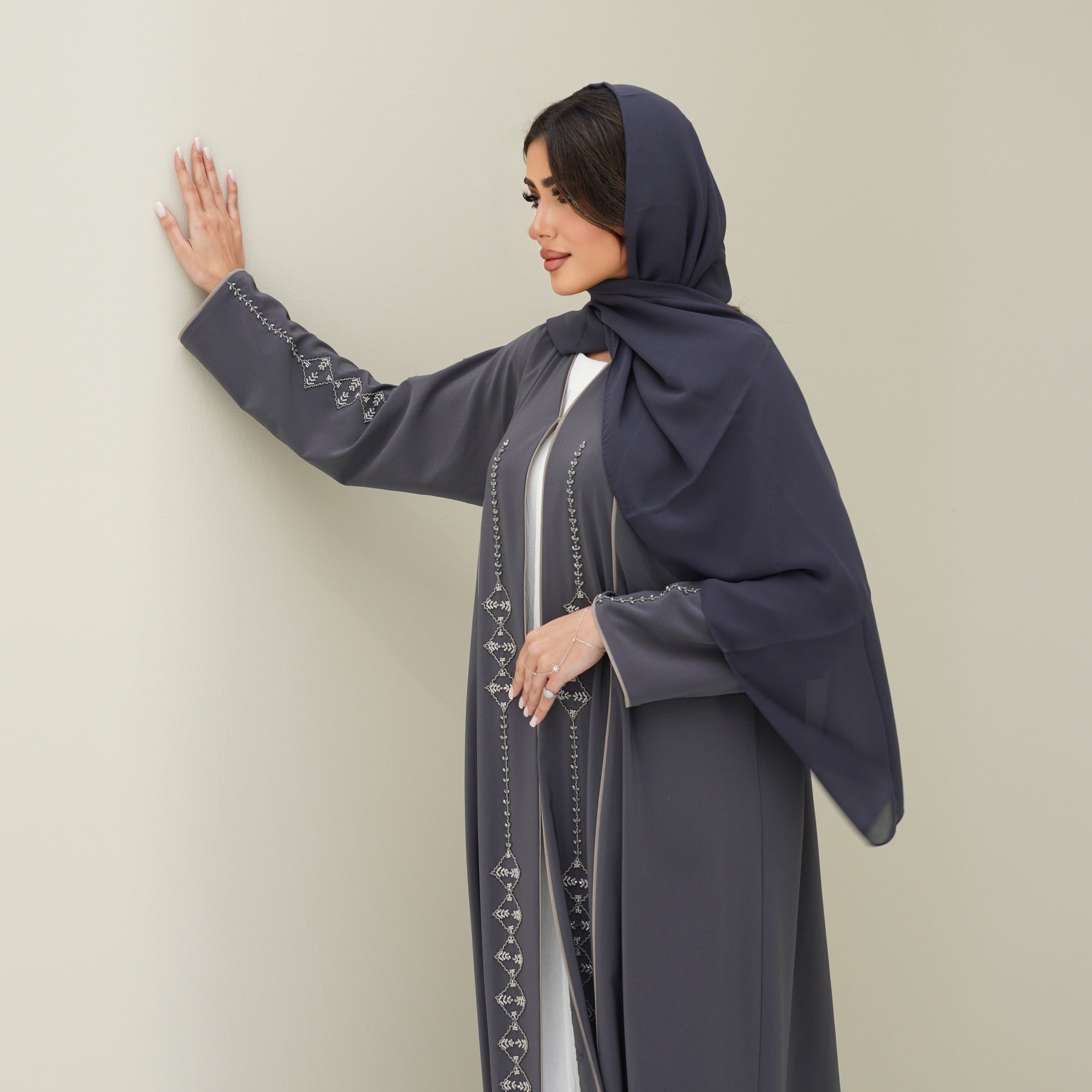 C 0774 Grey Beaded Abaya