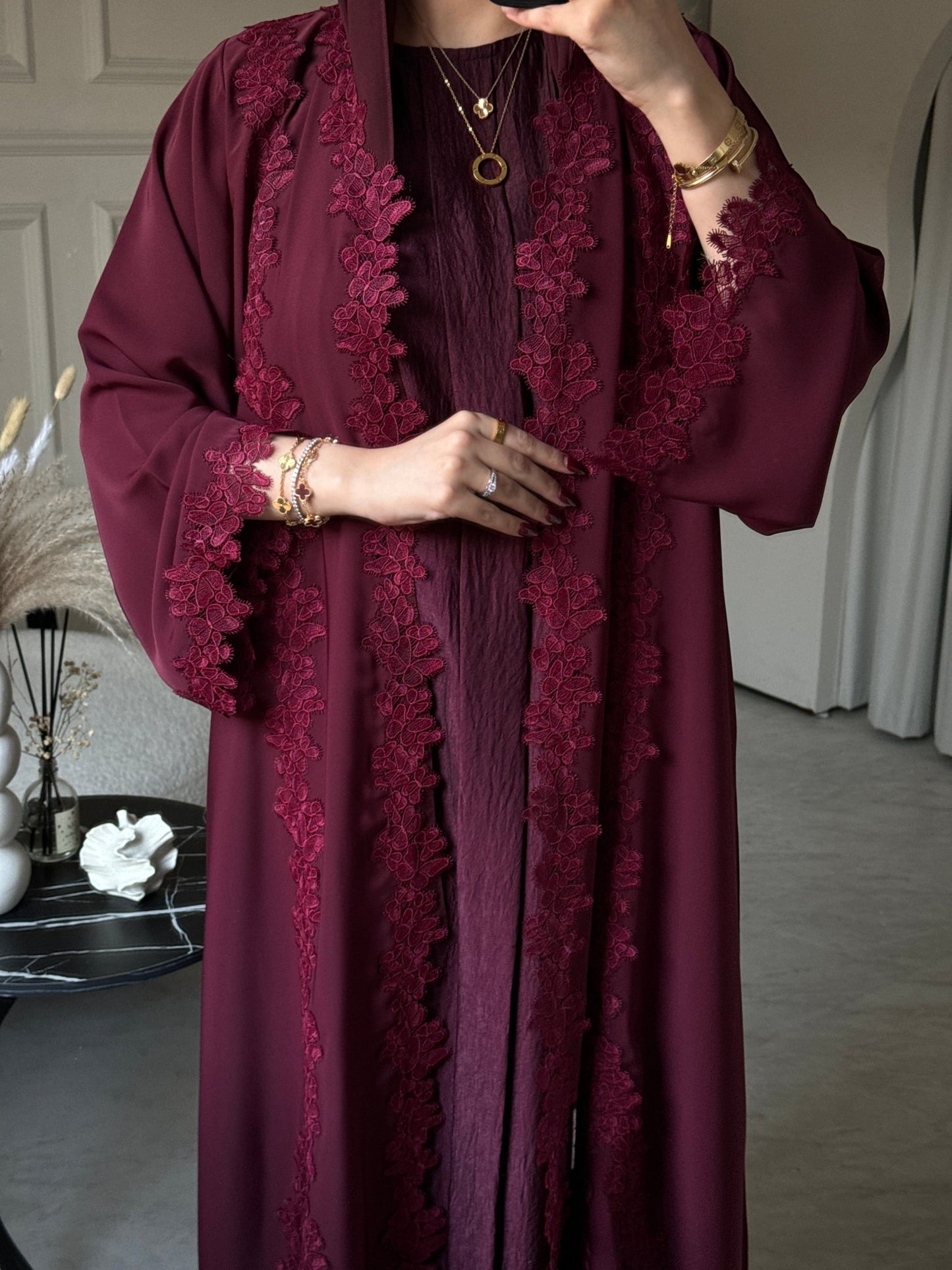 C 0775 - 01 Burgundy Butterfly Lace Abaya