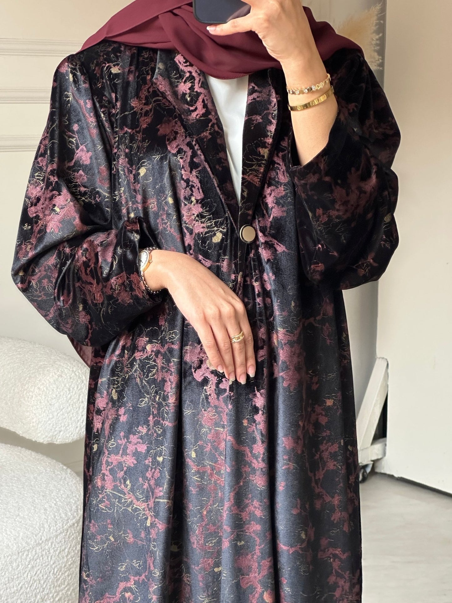 C 0777 Burgundy Coat Velvet Abaya