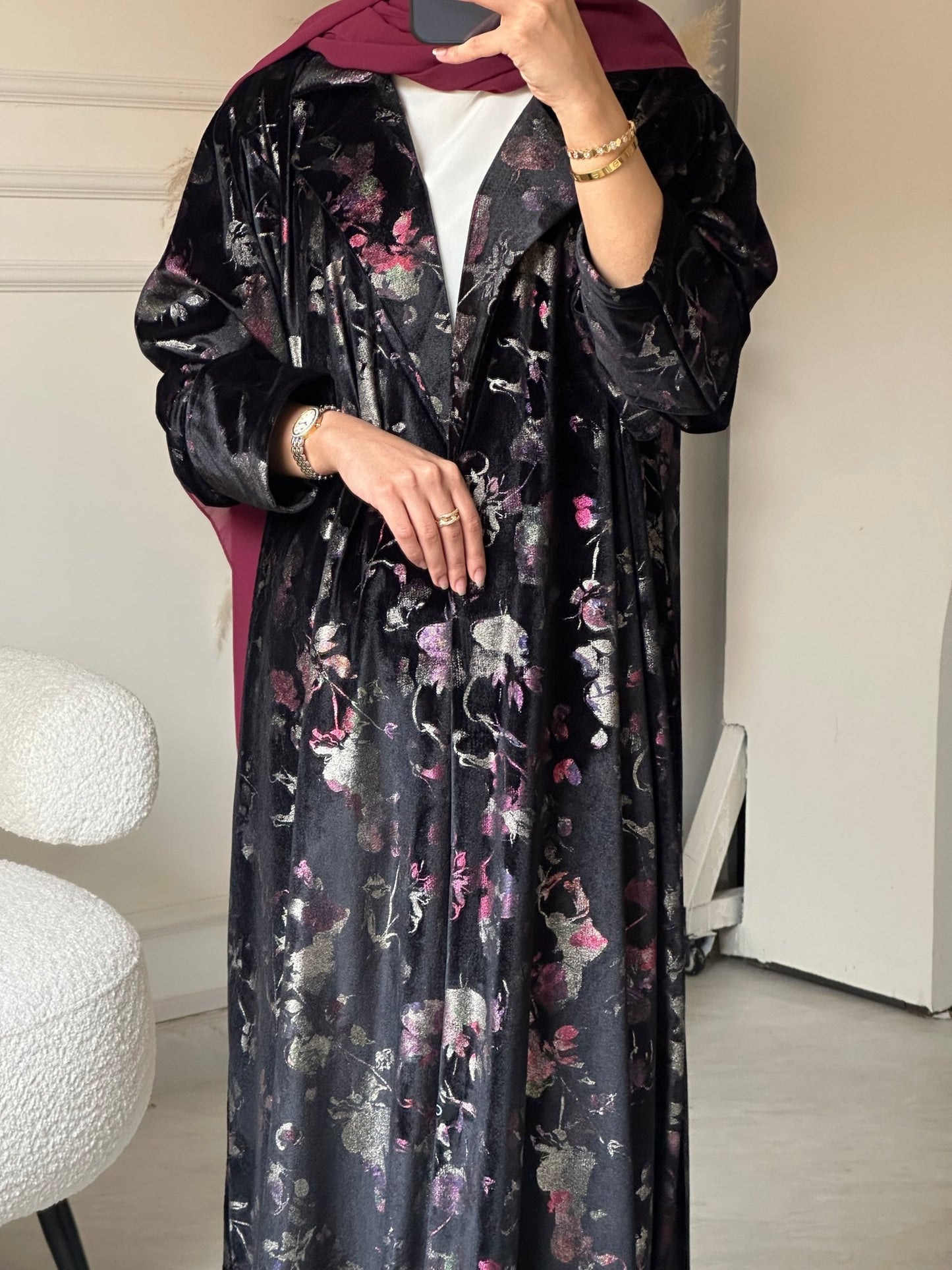 C 0779 Burgundy Coat Velvet Abaya