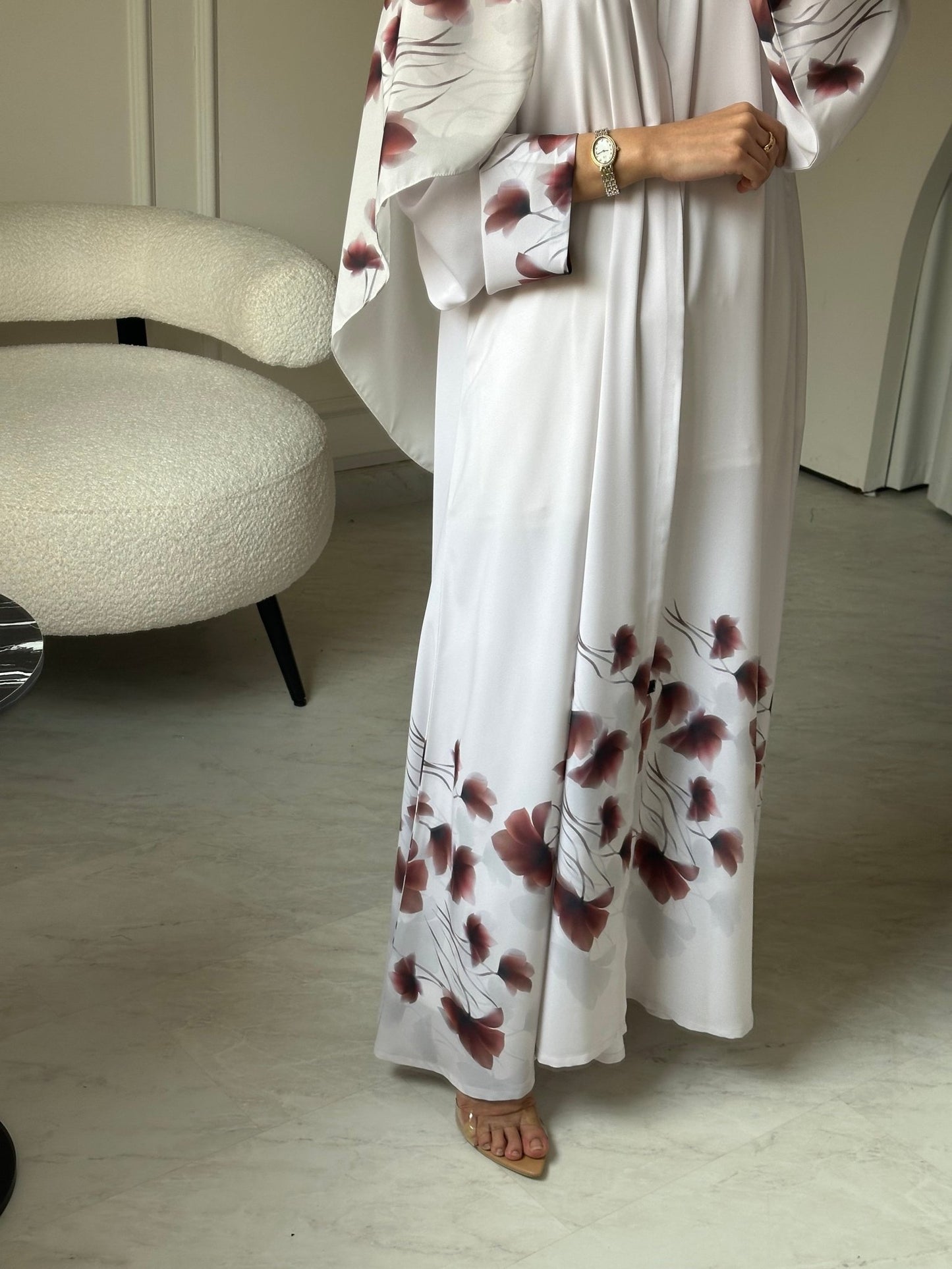 C 0784 Floral Off White Printed Abaya