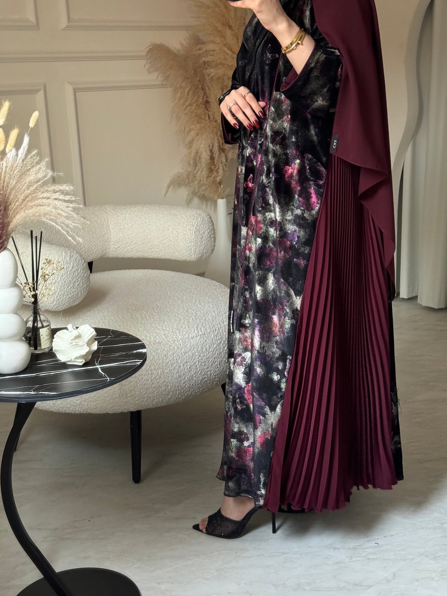 C 0787 Burgundy Butterfly Velvet Pleated Abaya