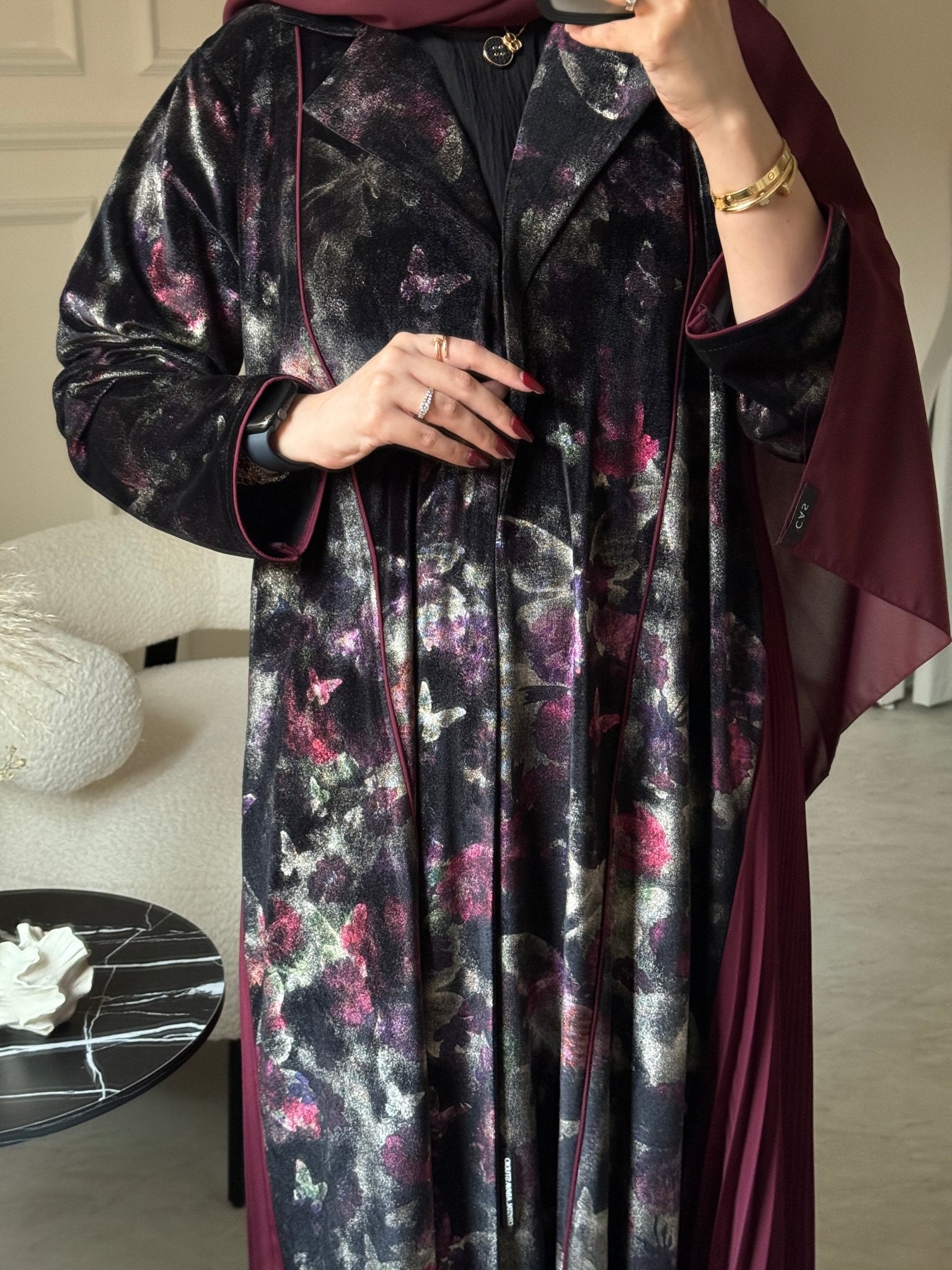 C 0787 Burgundy Butterfly Velvet Pleated Abaya