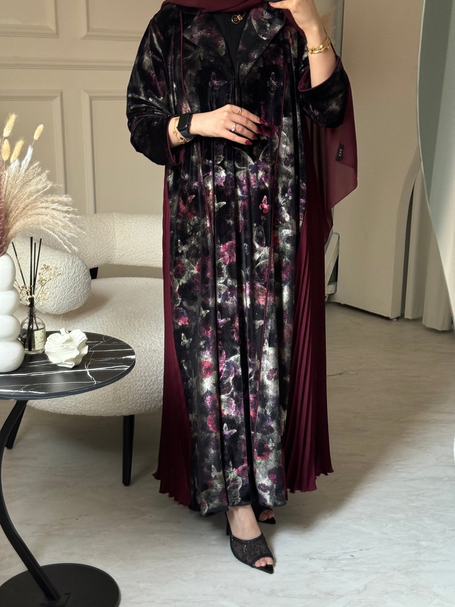 C 0787 Burgundy Butterfly Velvet Pleated Abaya