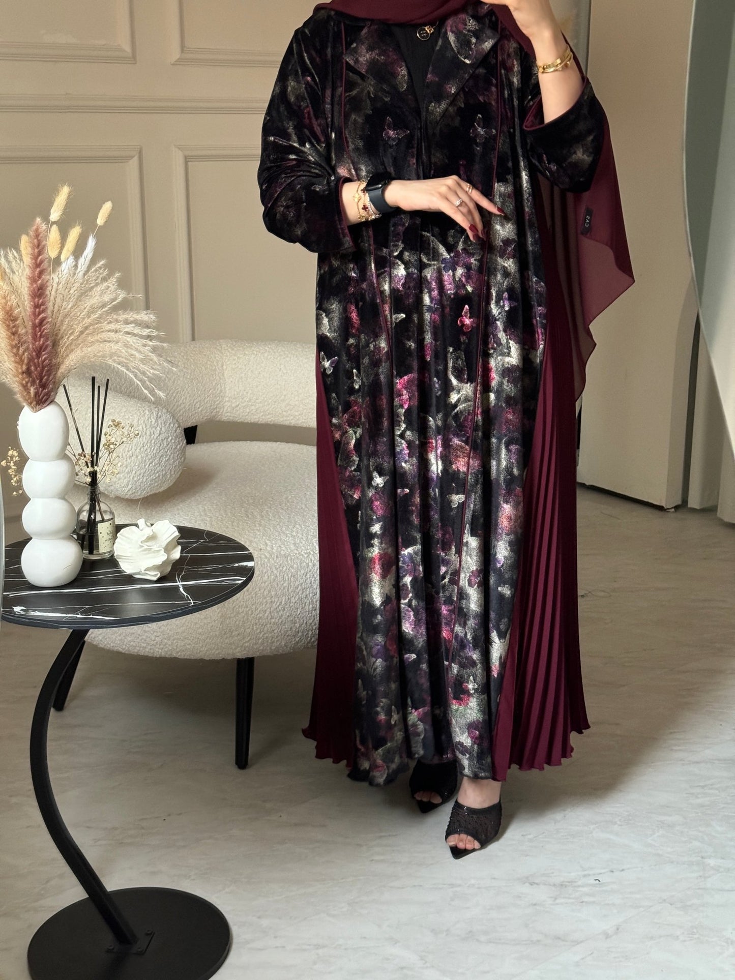 C 0787 Burgundy Butterfly Velvet Pleated Abaya