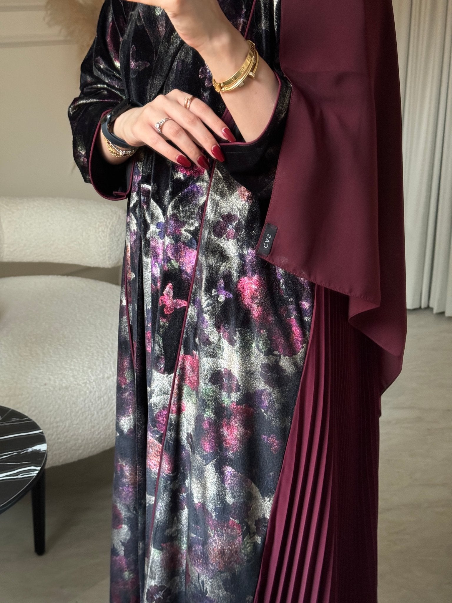 C 0787 Burgundy Butterfly Velvet Pleated Abaya