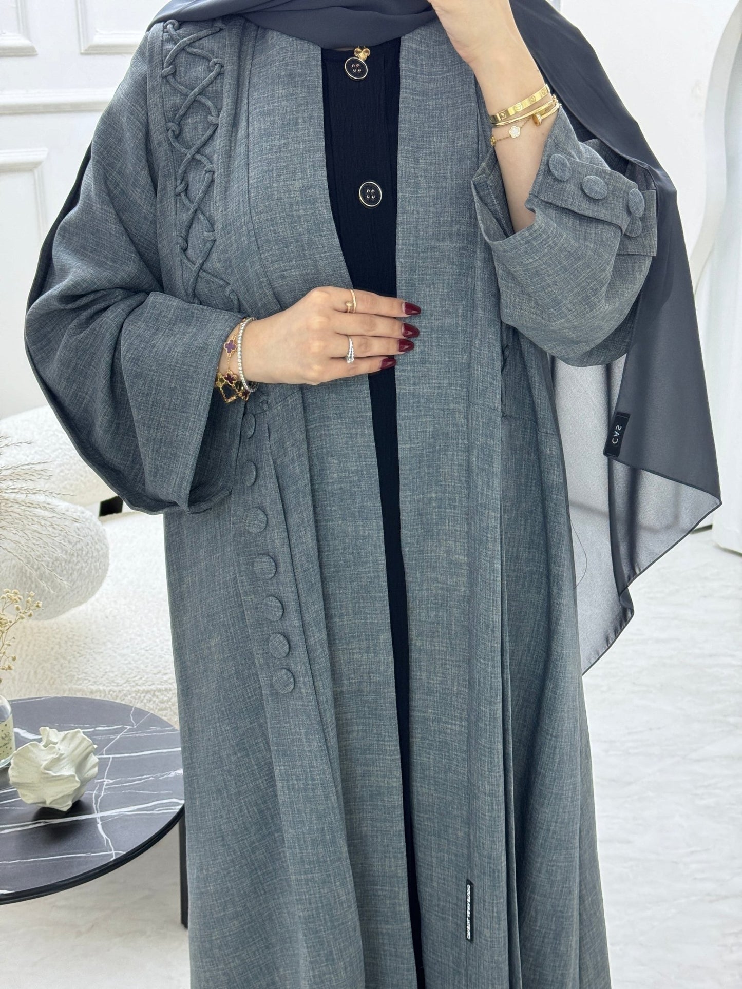 C 0790 Grey 3D Linen Abaya