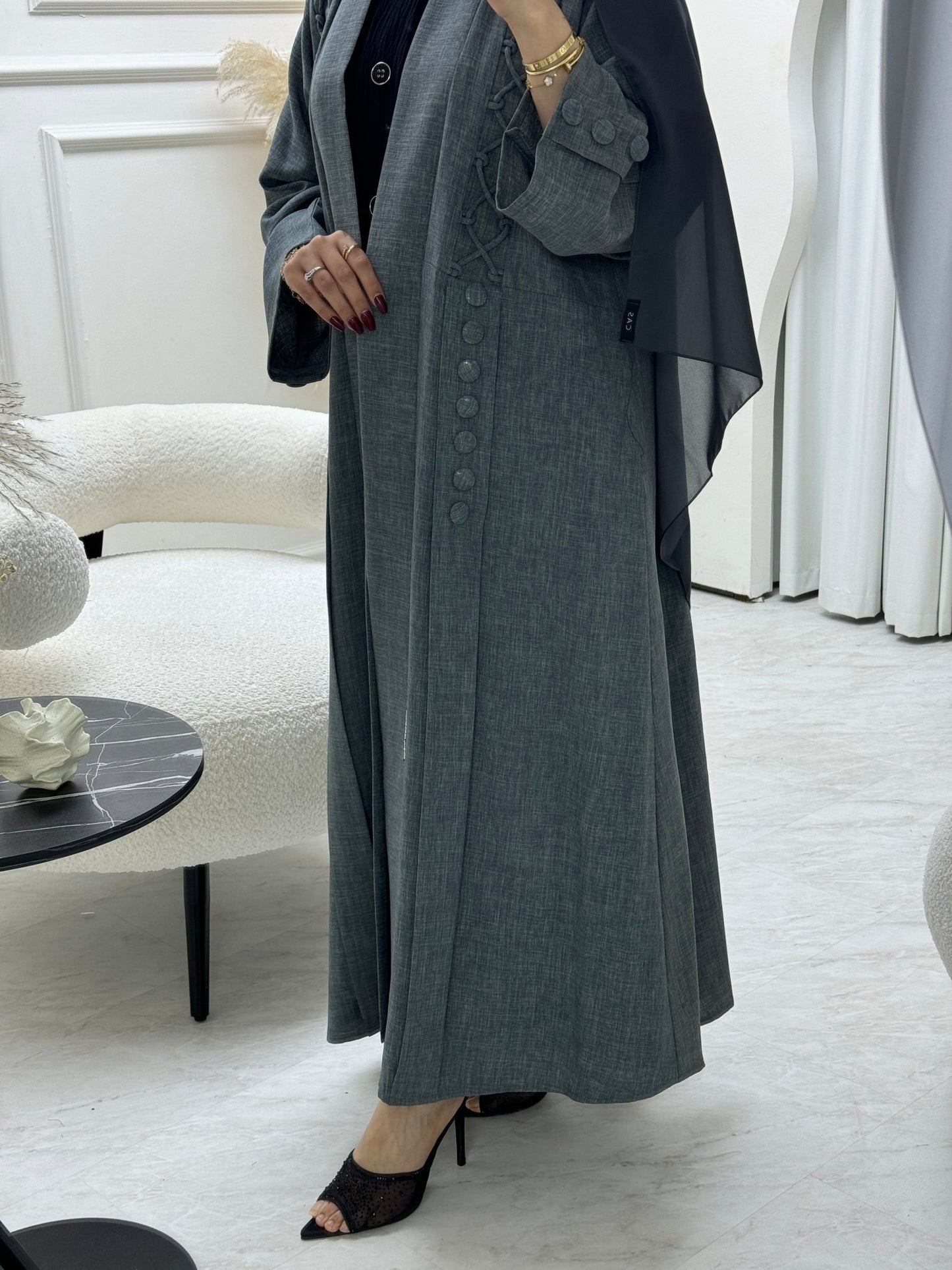 C 0790 Grey 3D Linen Abaya