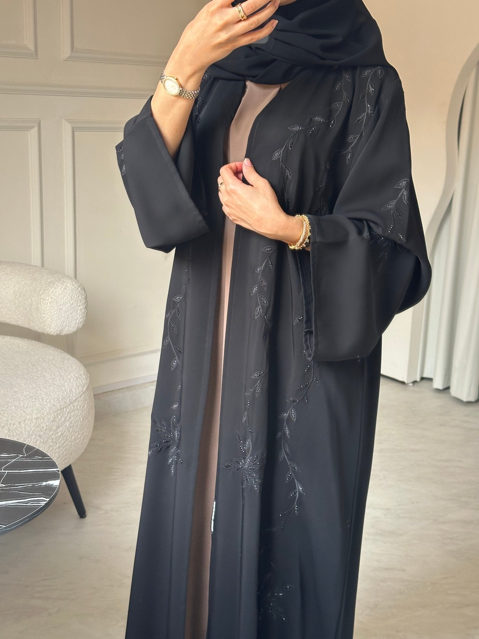 C 0792 Black Floral Beaded Abaya