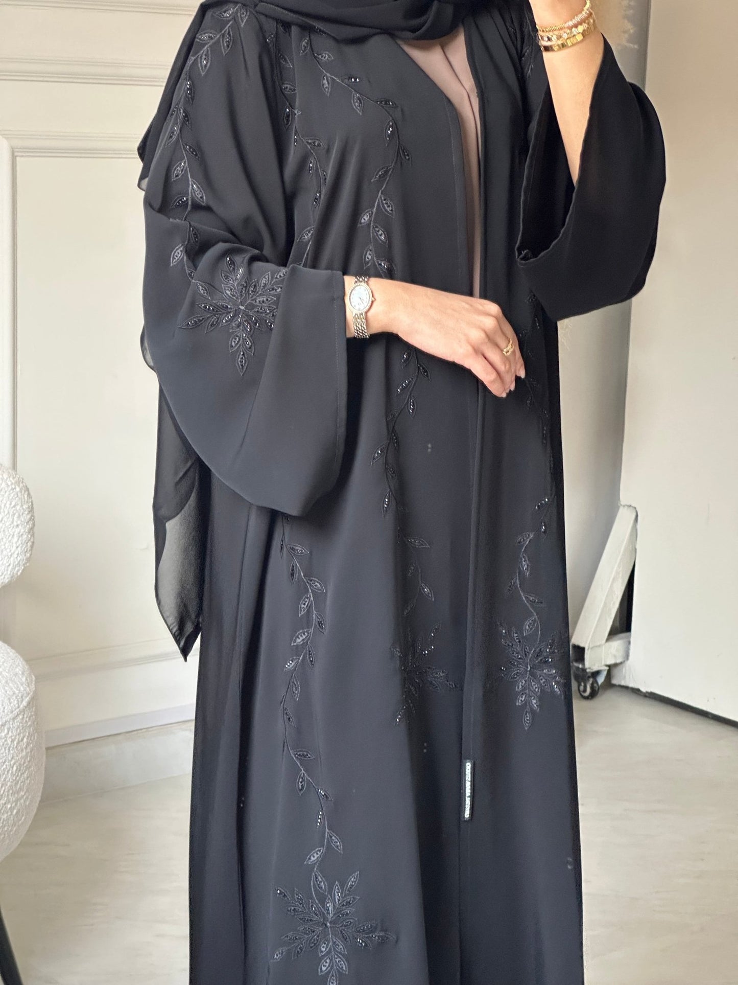 C 0792 Black Floral Beaded Abaya