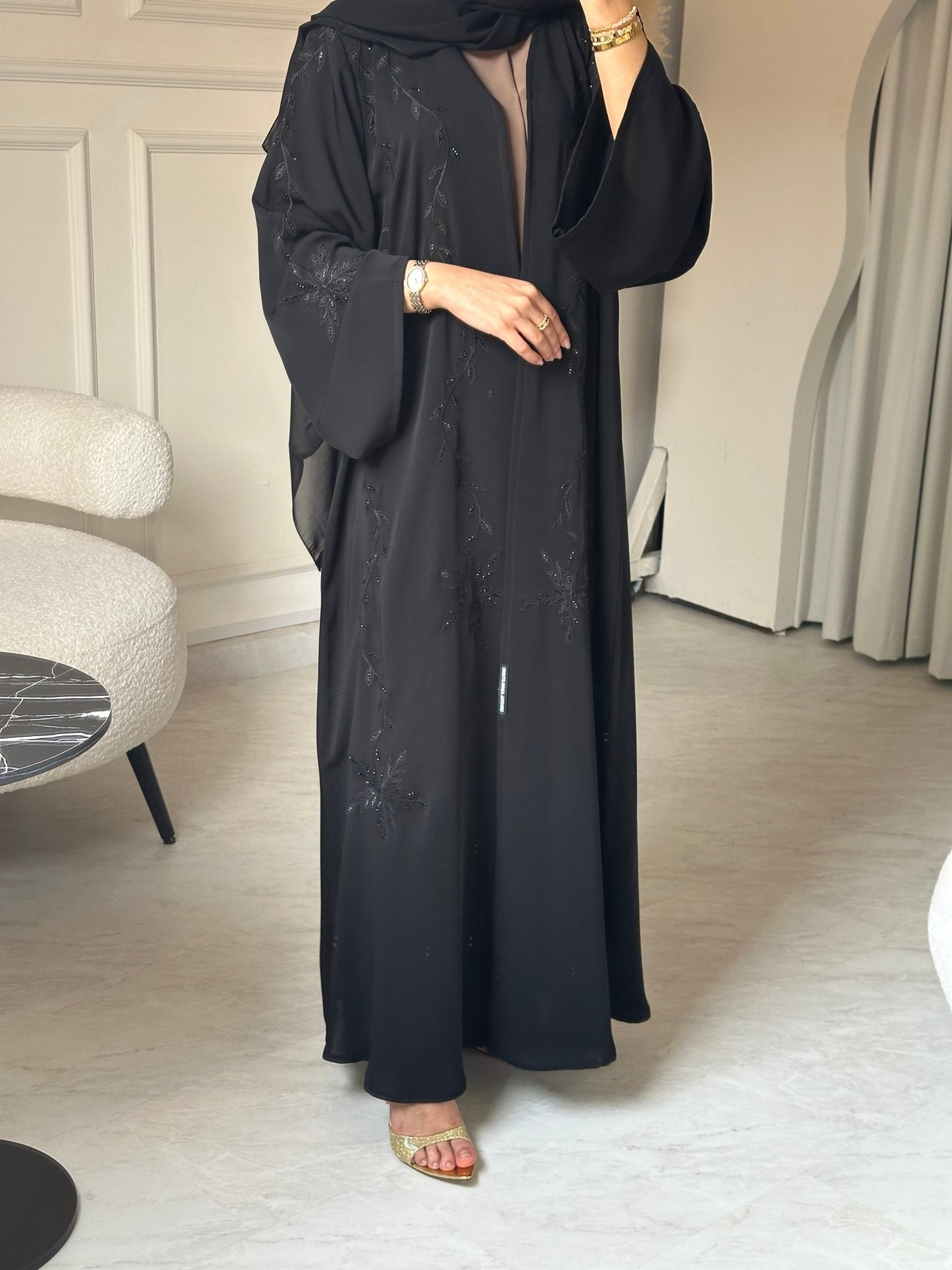 C 0792 Black Floral Beaded Abaya