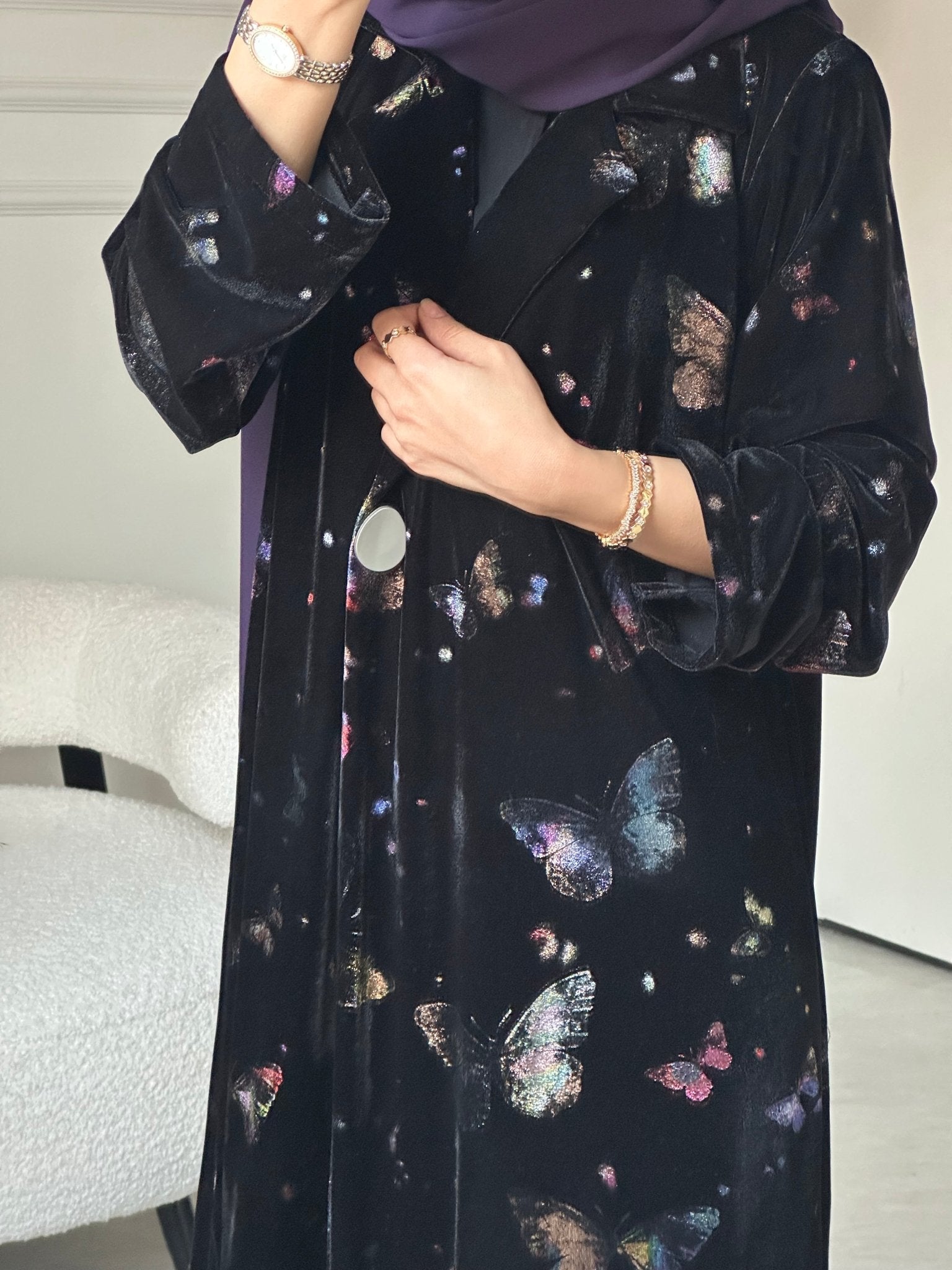 C 0800 Black Butterfly Velvet Abaya