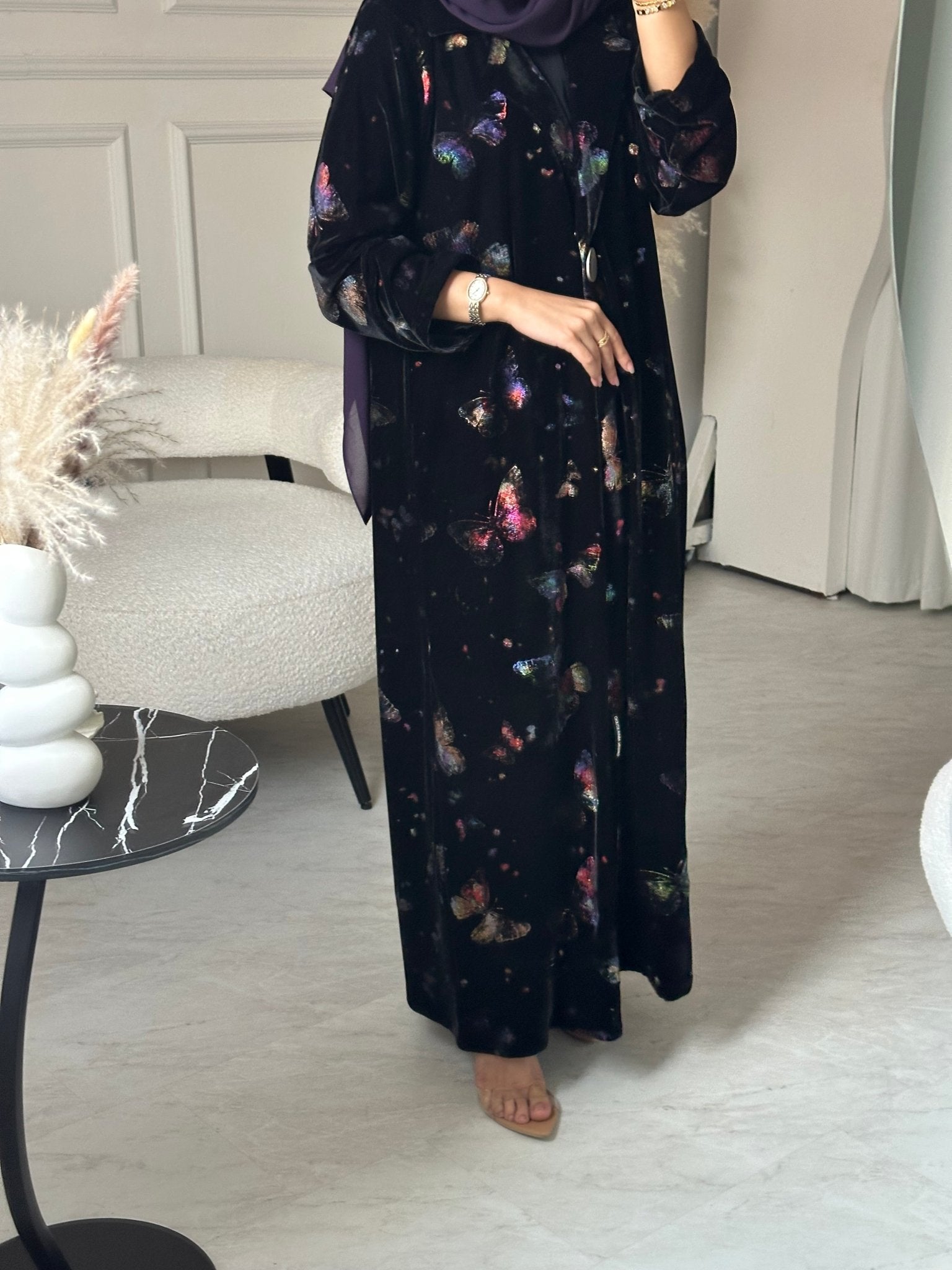 C 0800 Black Butterfly Velvet Abaya
