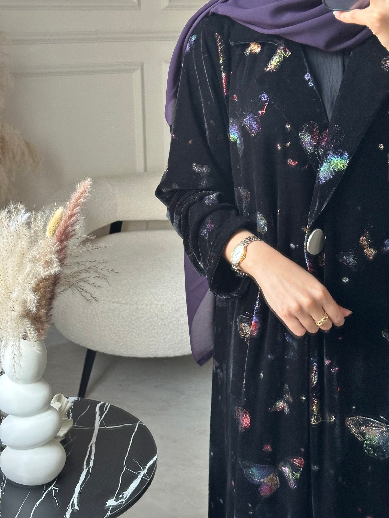 C 0800 Black Butterfly Velvet Abaya