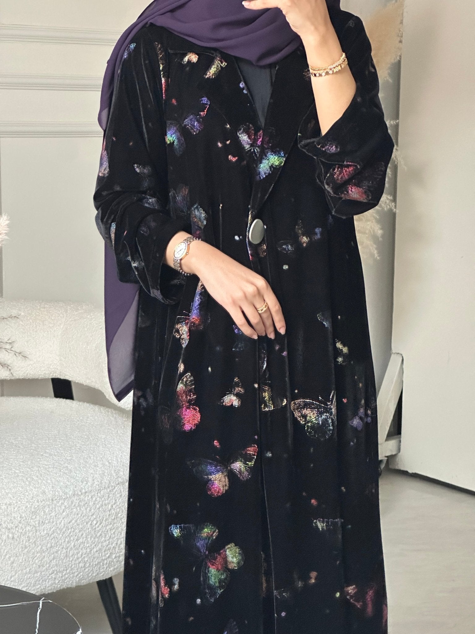 C 0800 Black Butterfly Velvet Abaya