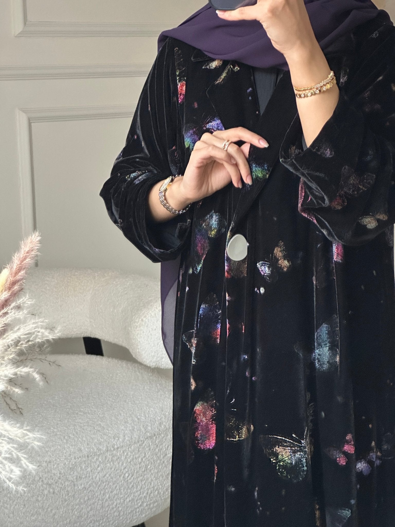 C 0800 Black Butterfly Velvet Abaya