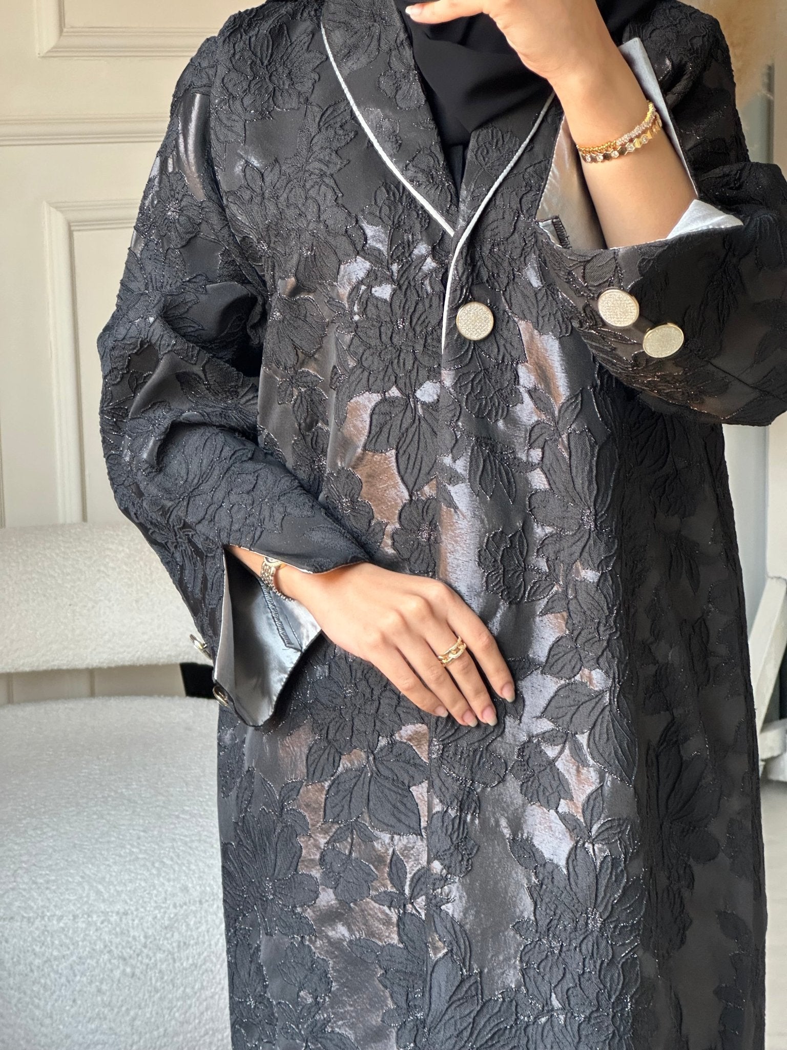 C 0807 Black Jacquard Coat Abaya