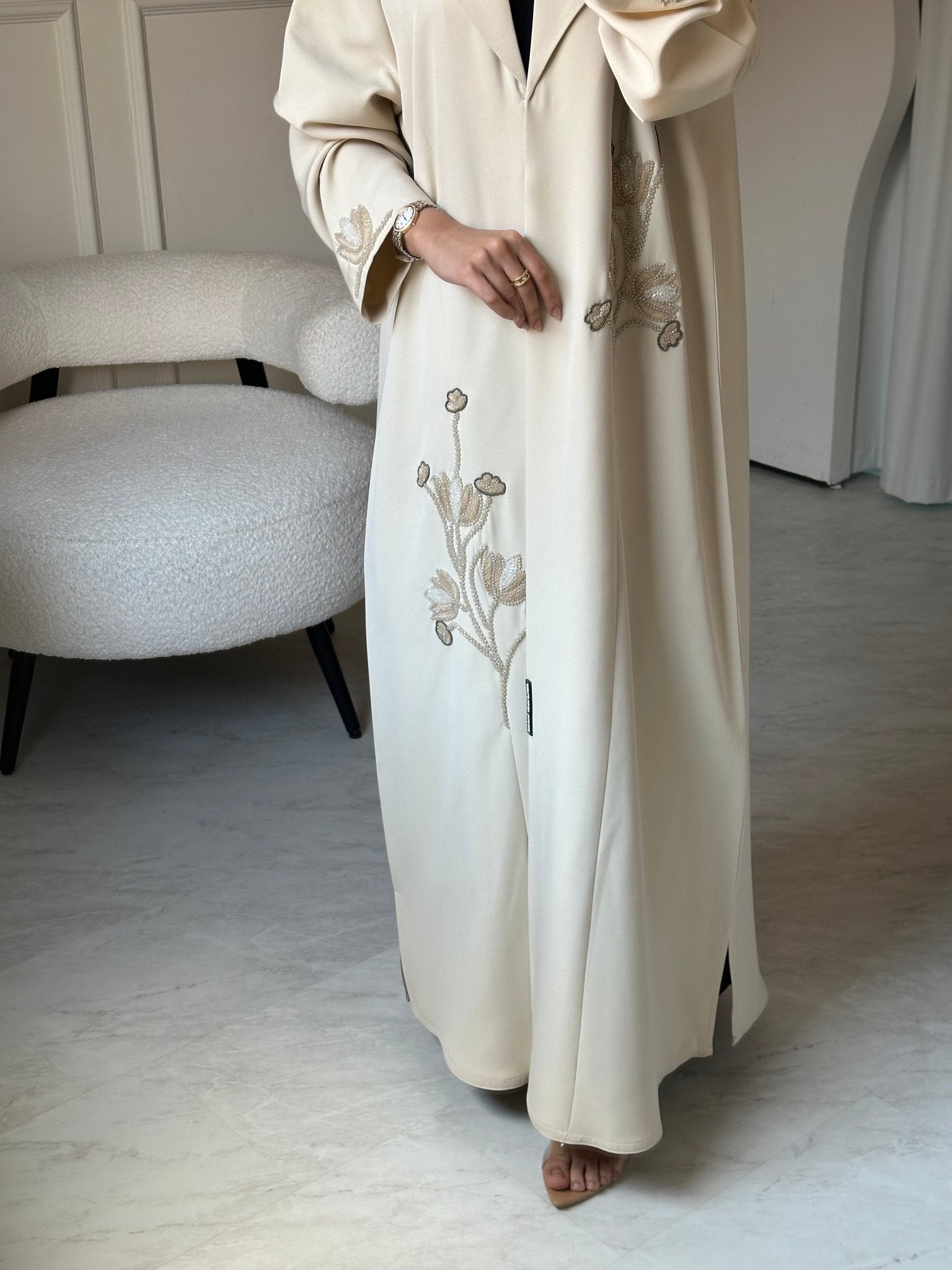 C 0810 Cream Beaded Abaya