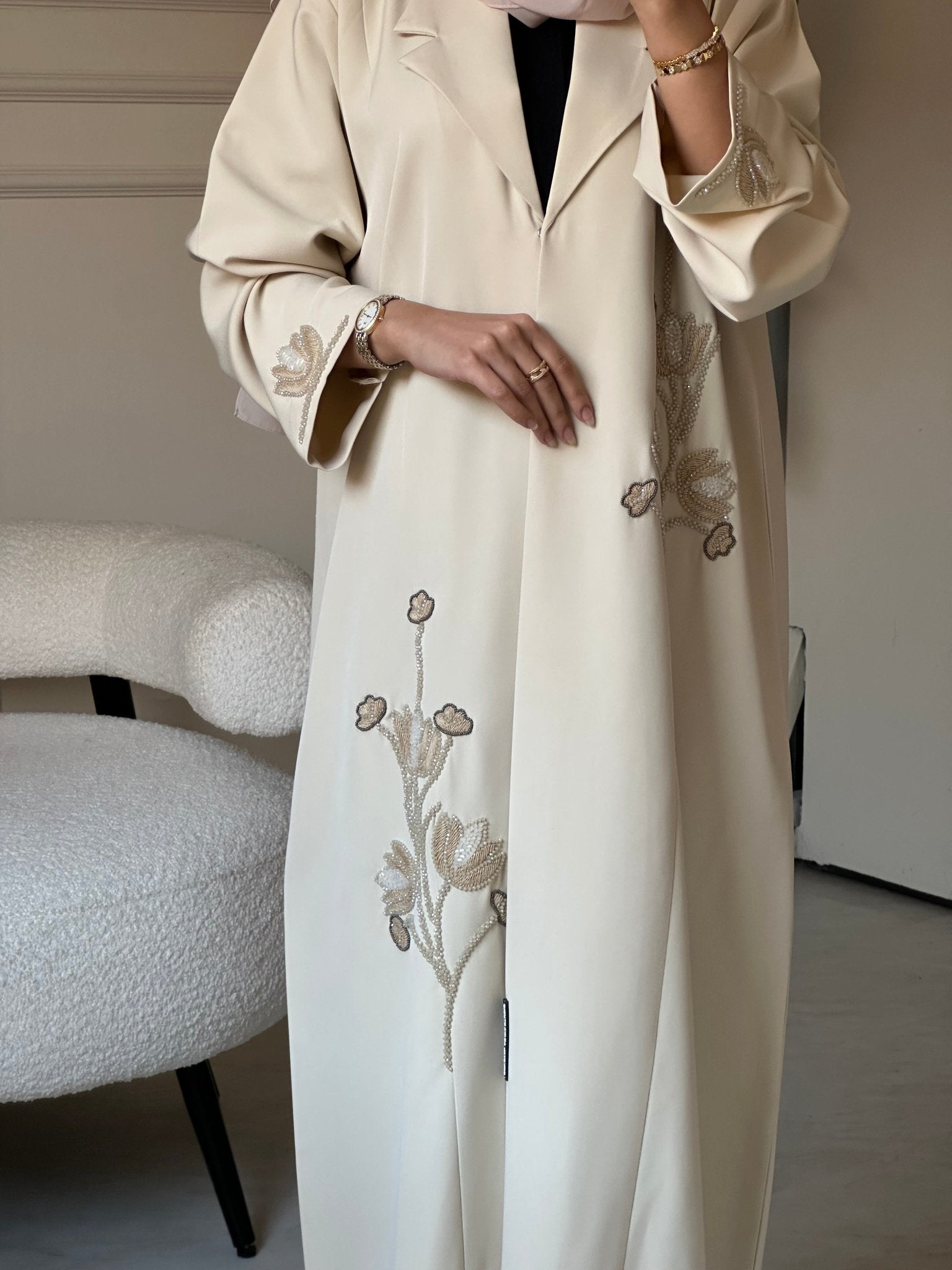C 0810 Cream Beaded Abaya