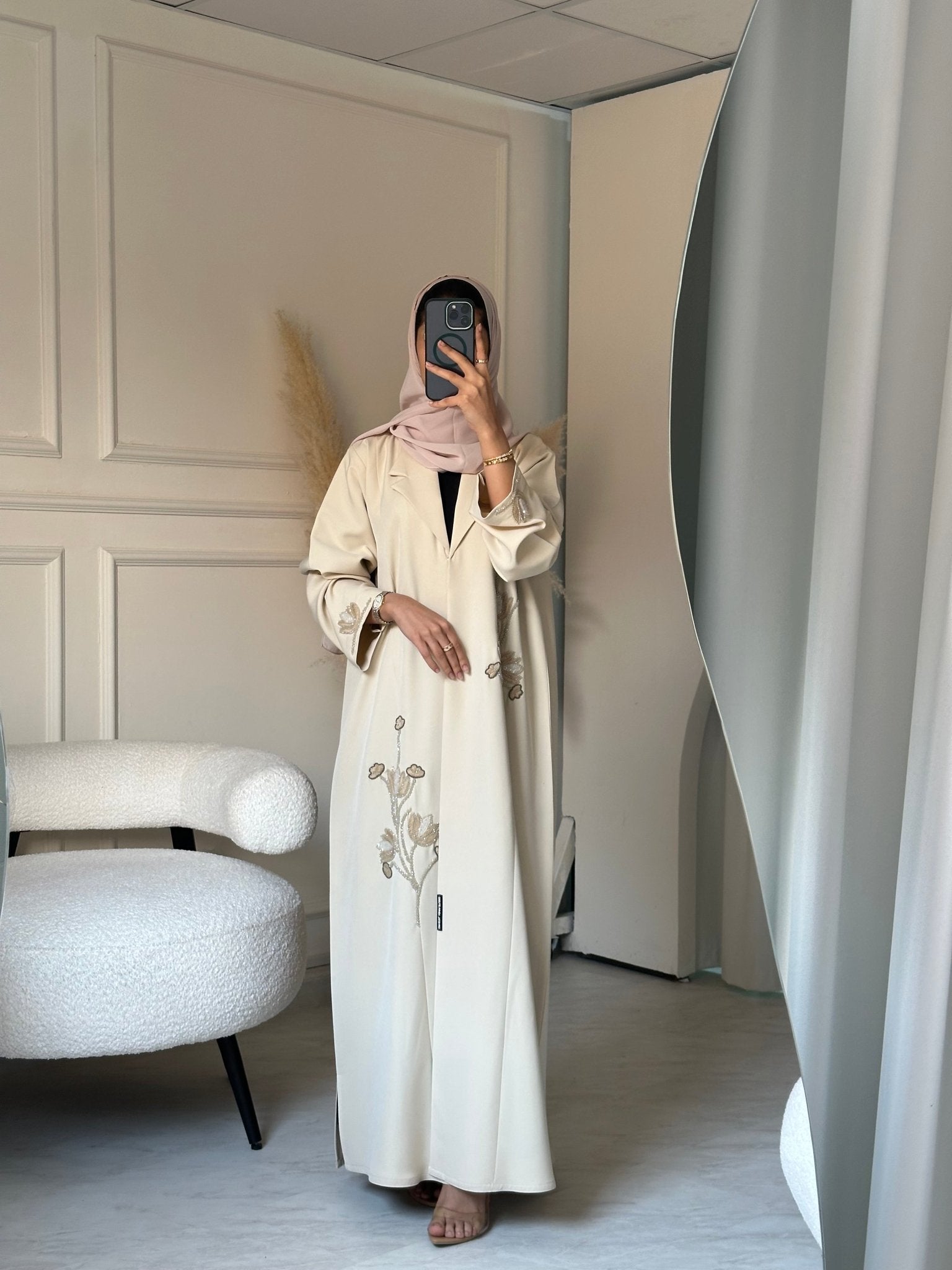 C 0810 Cream Beaded Abaya