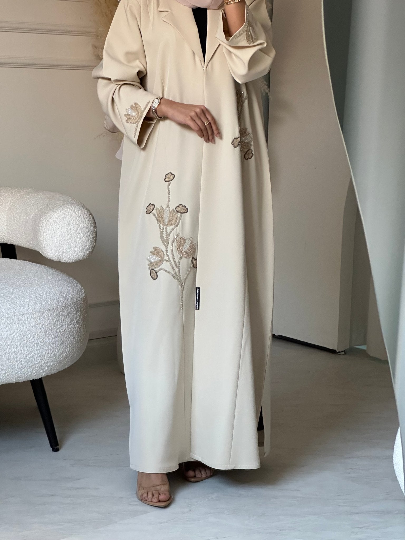 C 0810 Cream Beaded Abaya