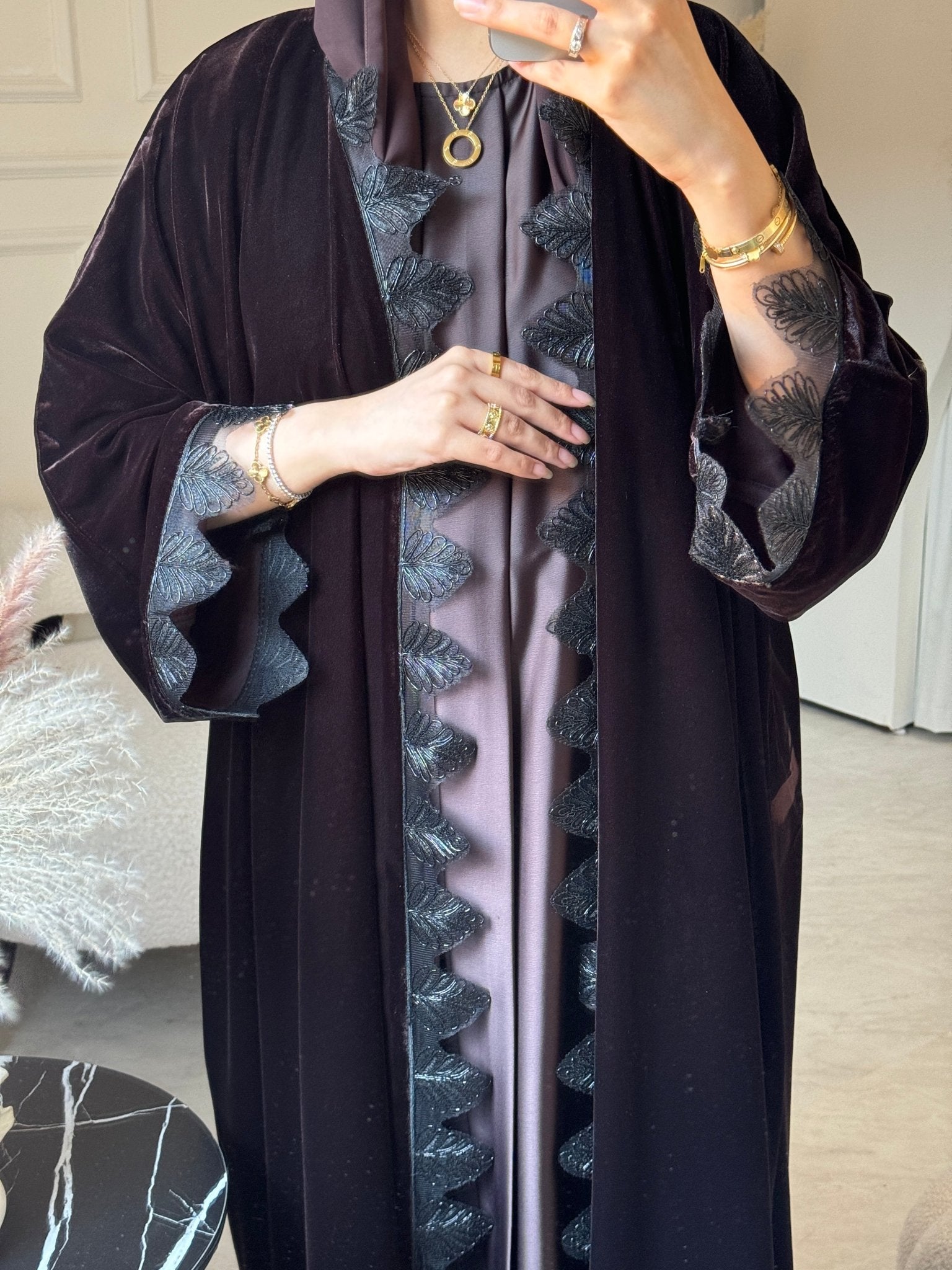 C 0812 - 02 Brown Velvet Lace Abaya