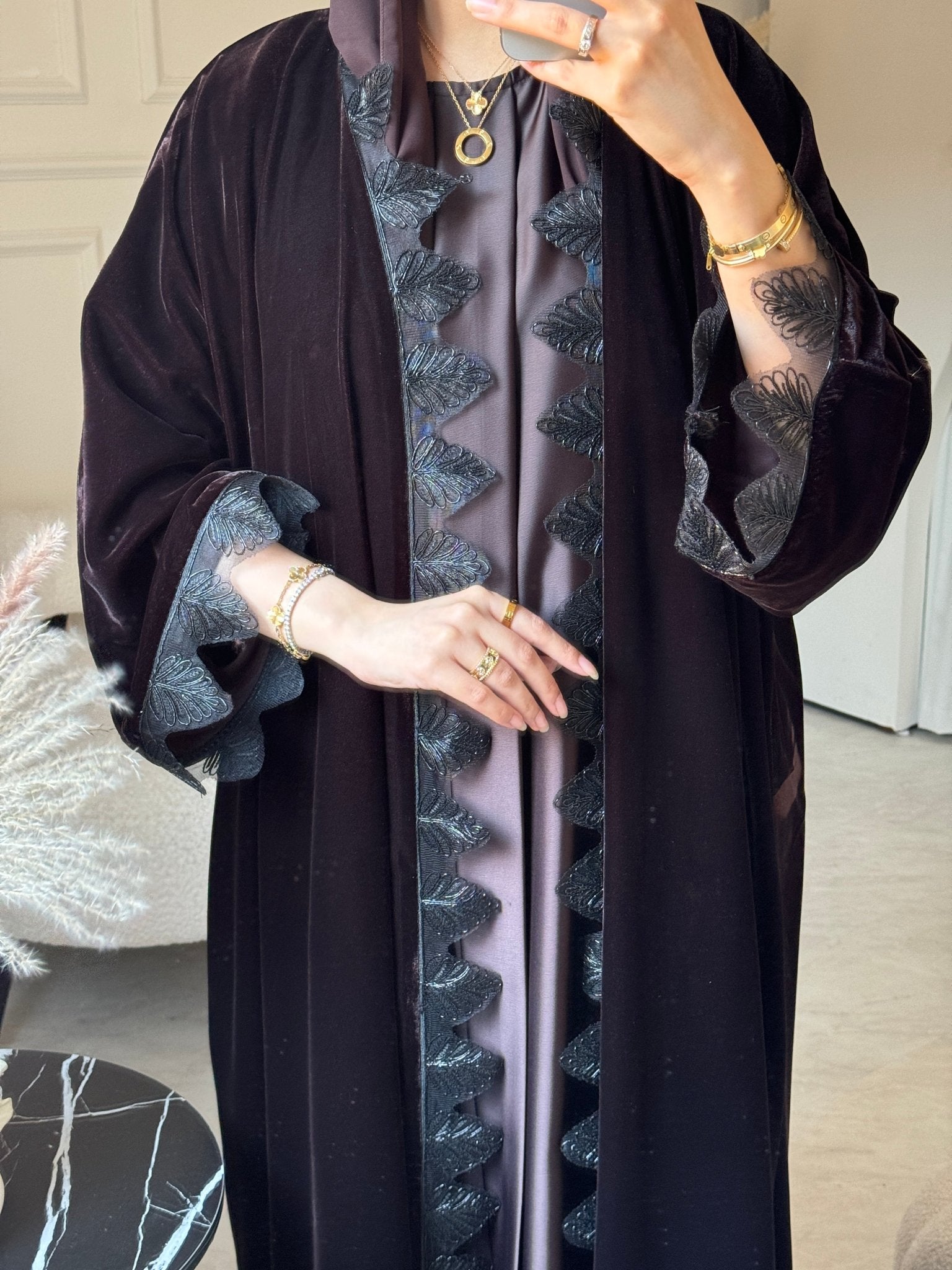 C 0812 - 02 Brown Velvet Lace Abaya