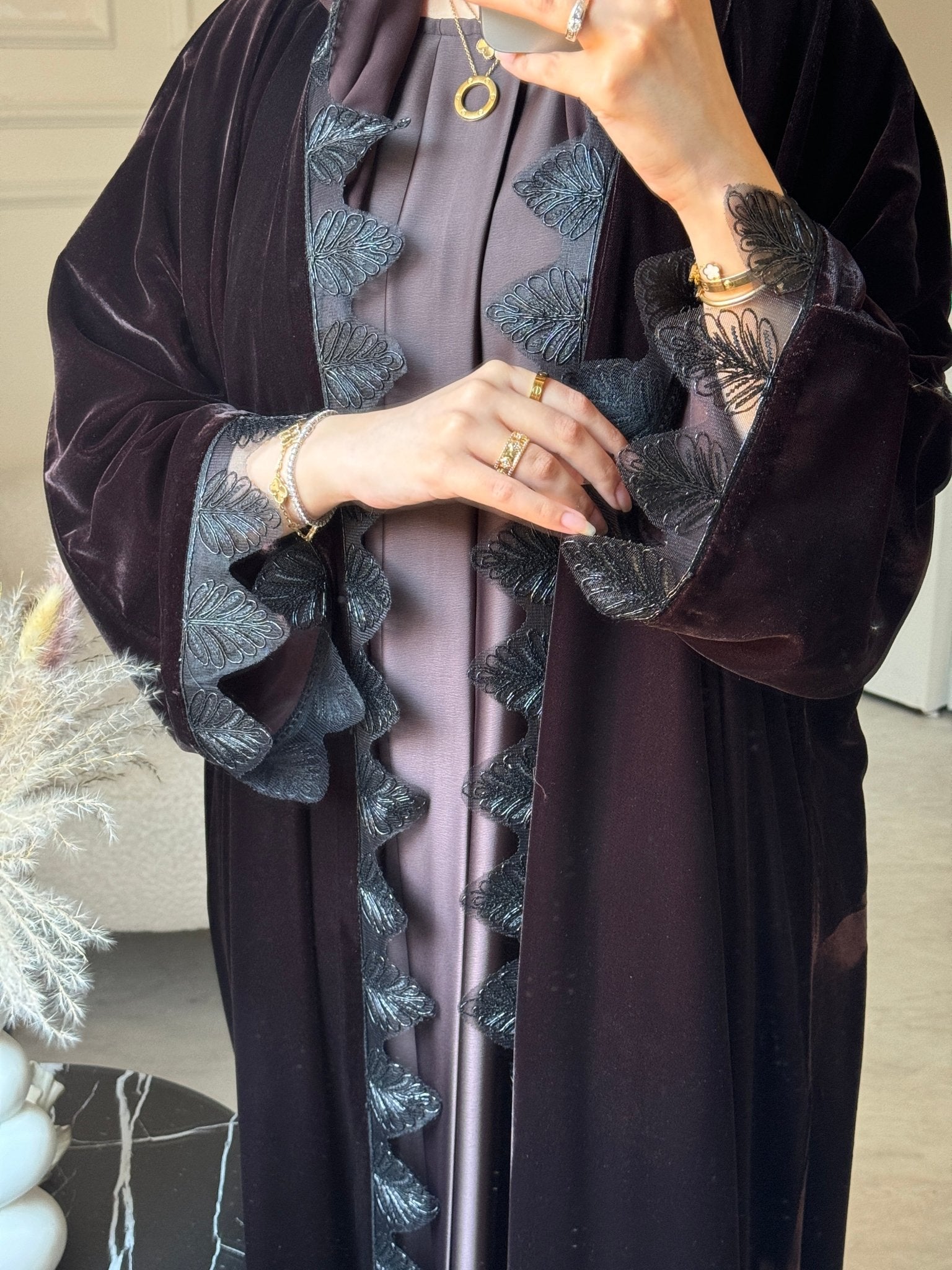 C 0812 - 02 Brown Velvet Lace Abaya