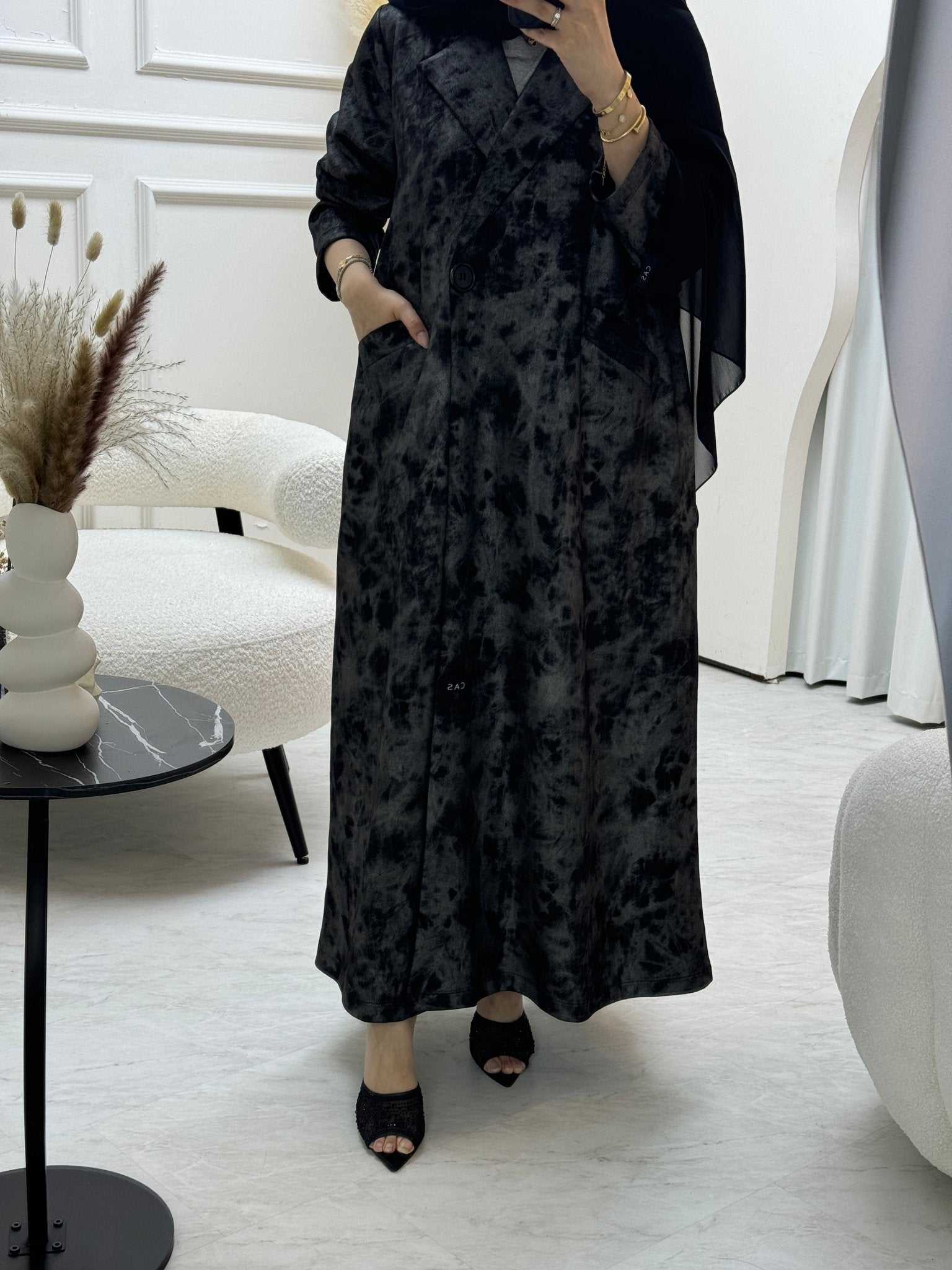 C 0817 - 01 Grey Printed Coat Abaya