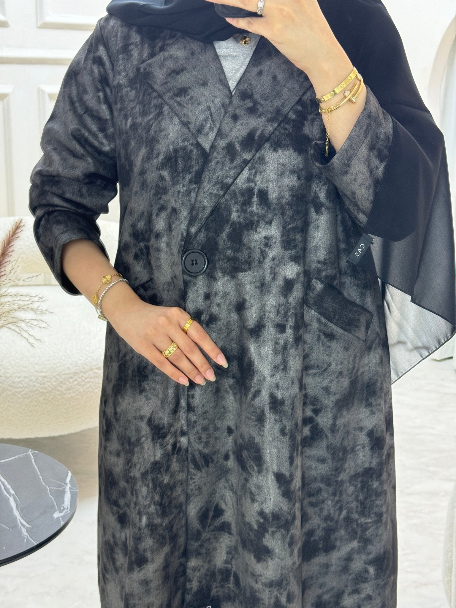 C 0817 - 01 Grey Printed Coat Abaya