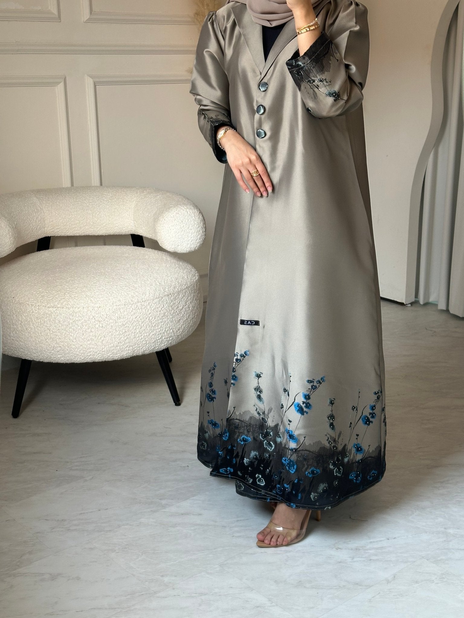 C 0823 - 01 Beige Floral Printed Abaya