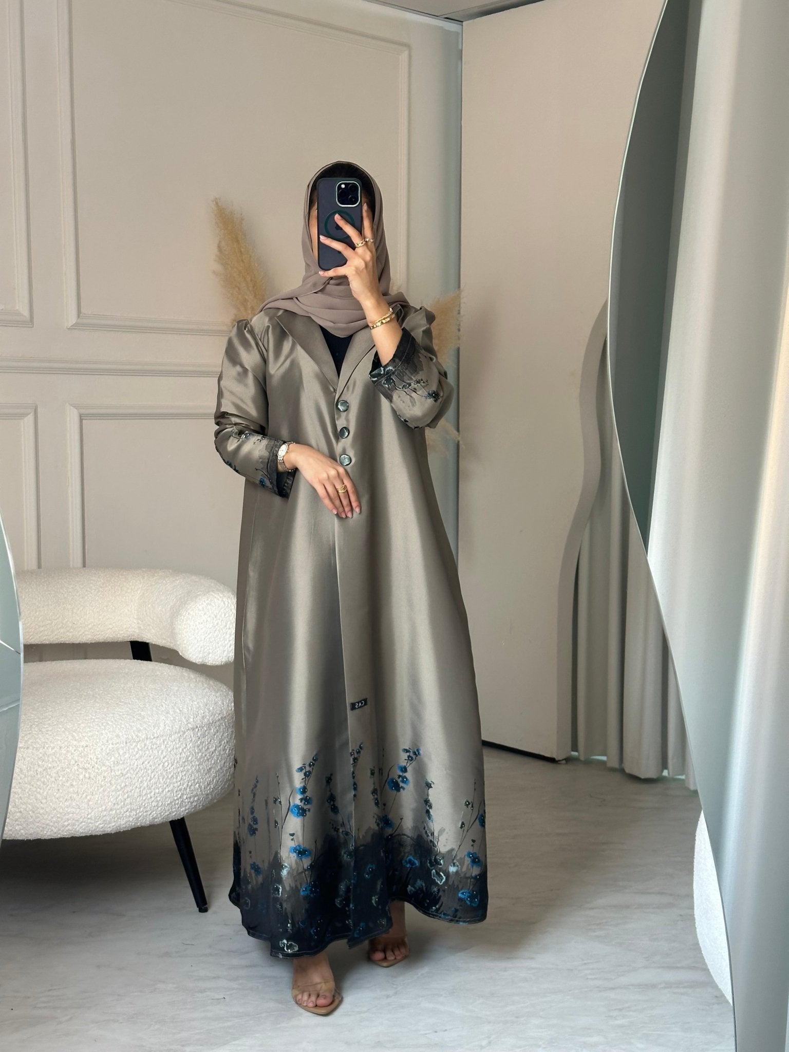 C 0823 - 01 Beige Floral Printed Abaya
