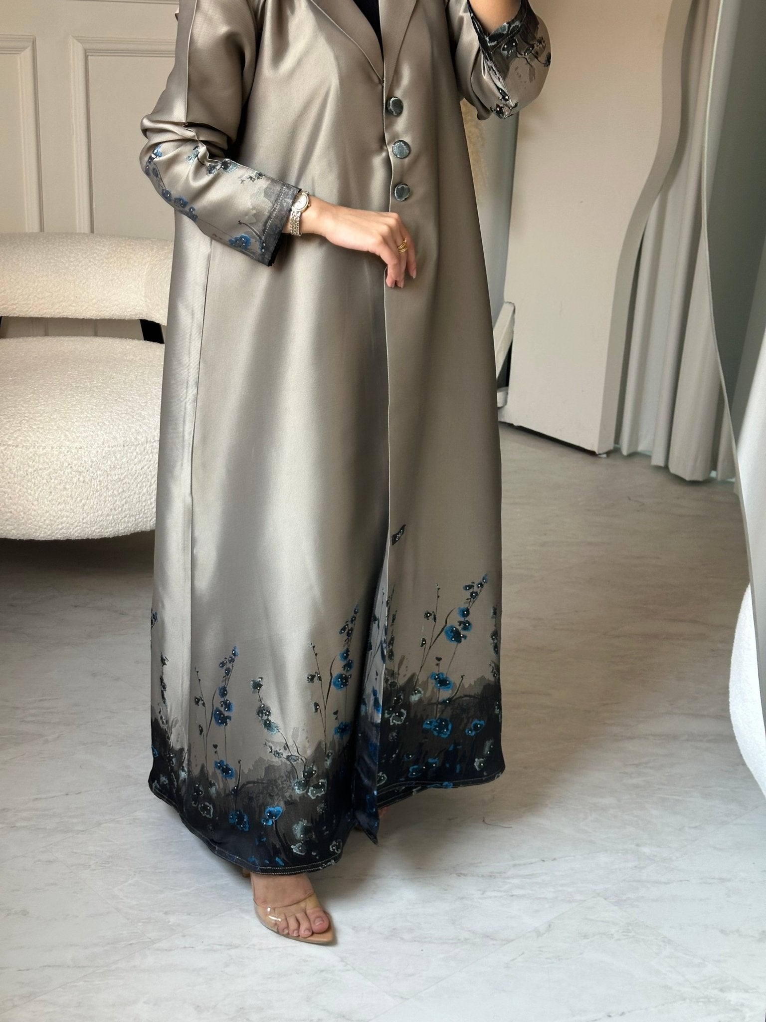 C 0823 - 01 Beige Floral Printed Abaya