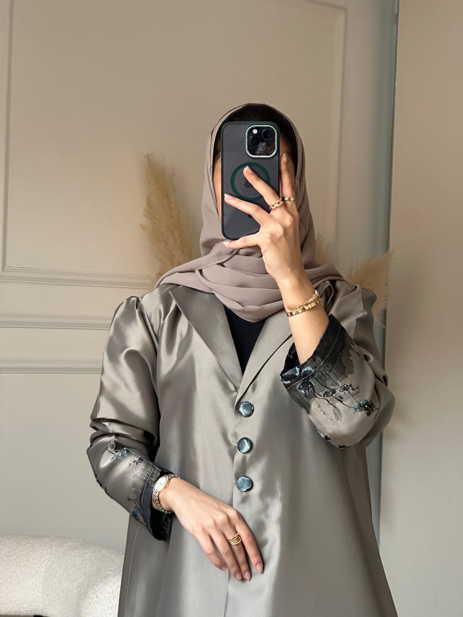 C 0823 - 01 Beige Floral Printed Abaya