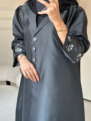 C 0823 - 02 Black Floral Printed Abaya