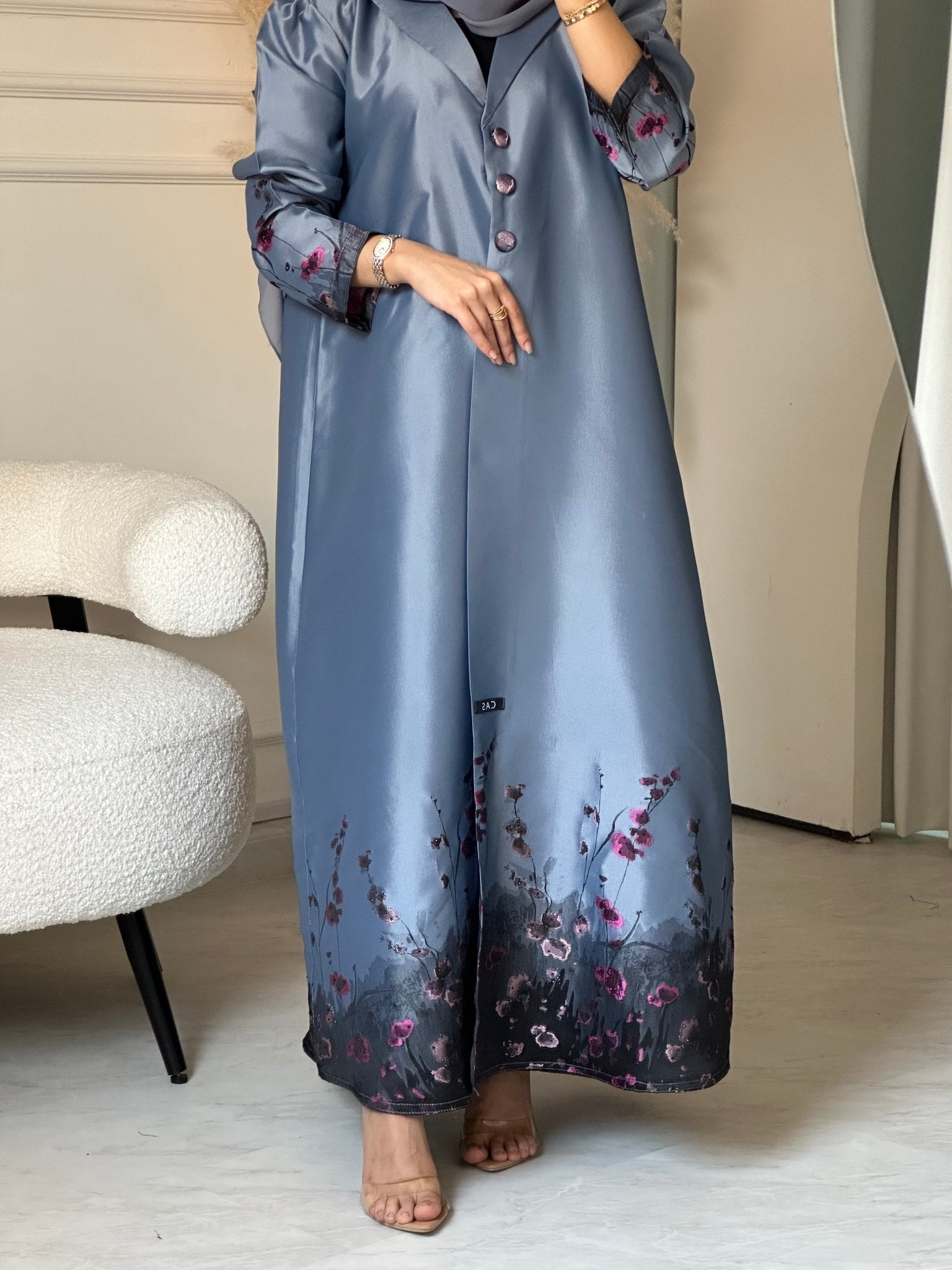 C 0823 - 03 Blue Floral Printed Abaya