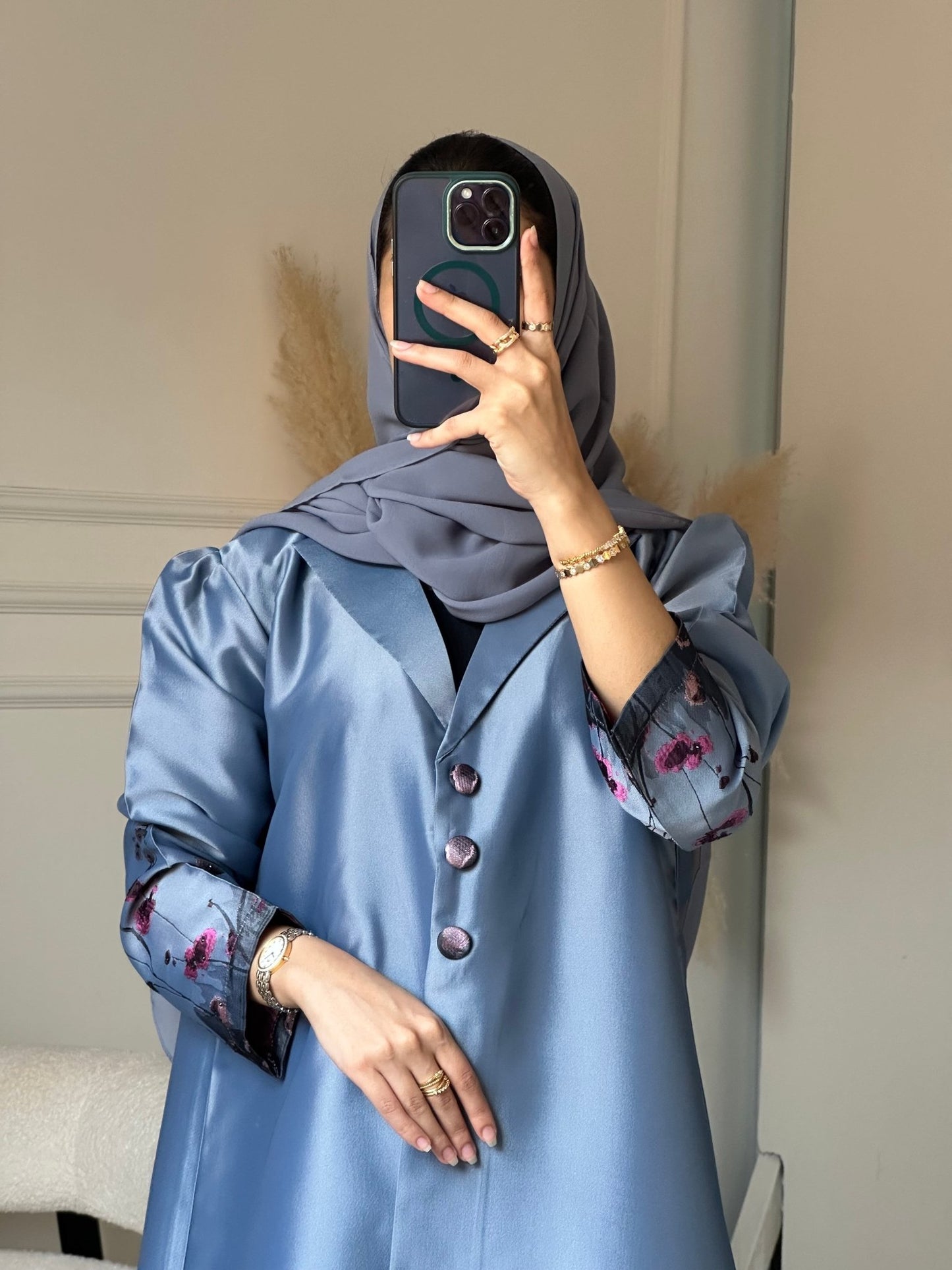 C 0823 - 03 Blue Floral Printed Abaya