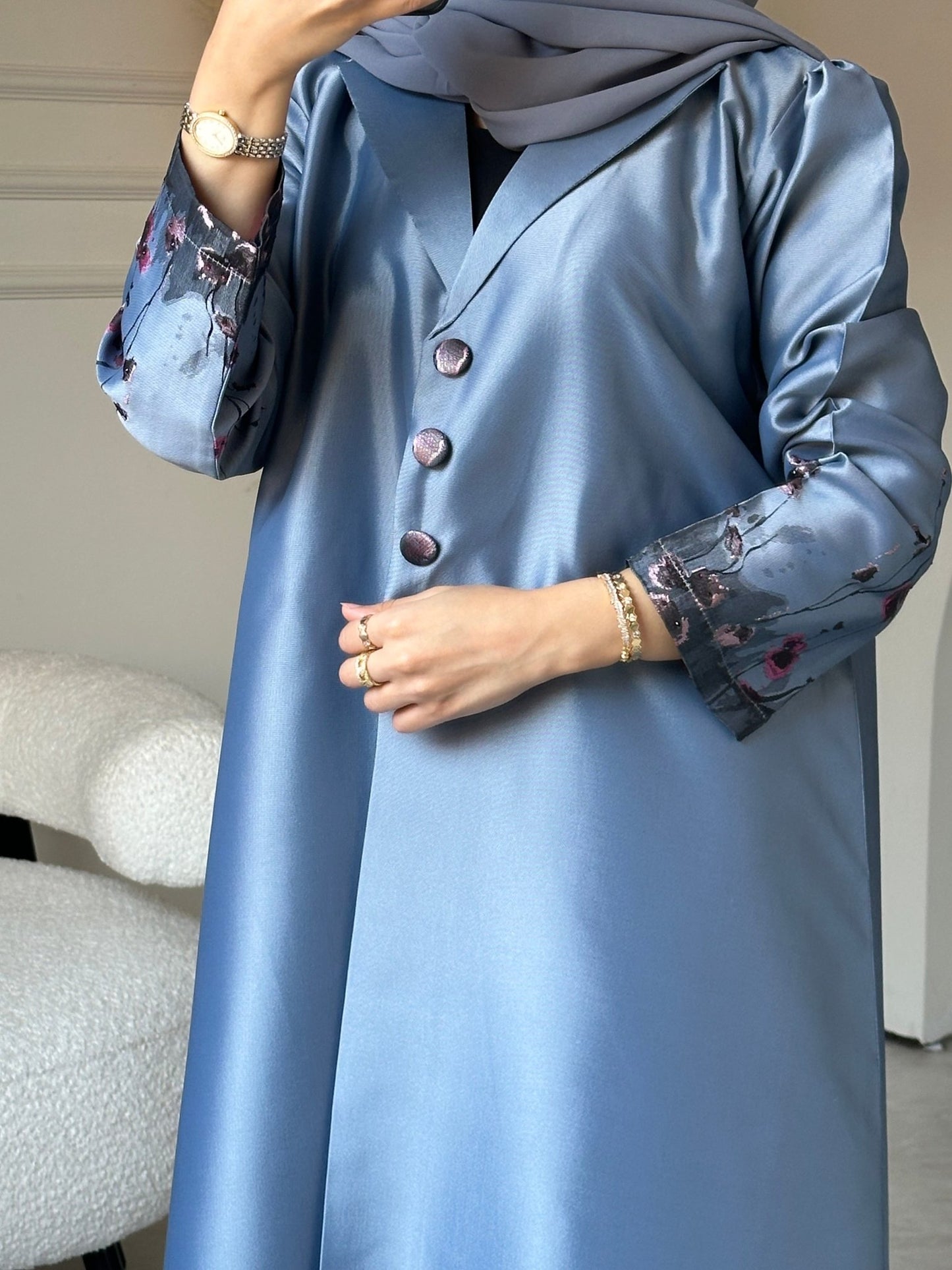 C 0823 - 03 Blue Floral Printed Abaya