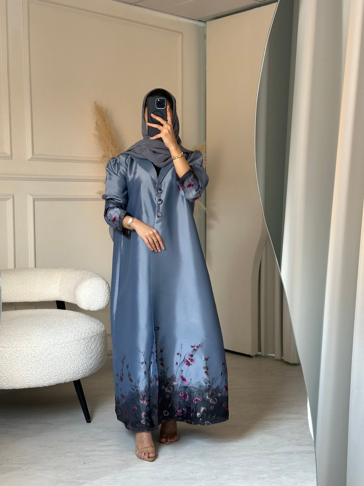 C 0823 - 03 Blue Floral Printed Abaya