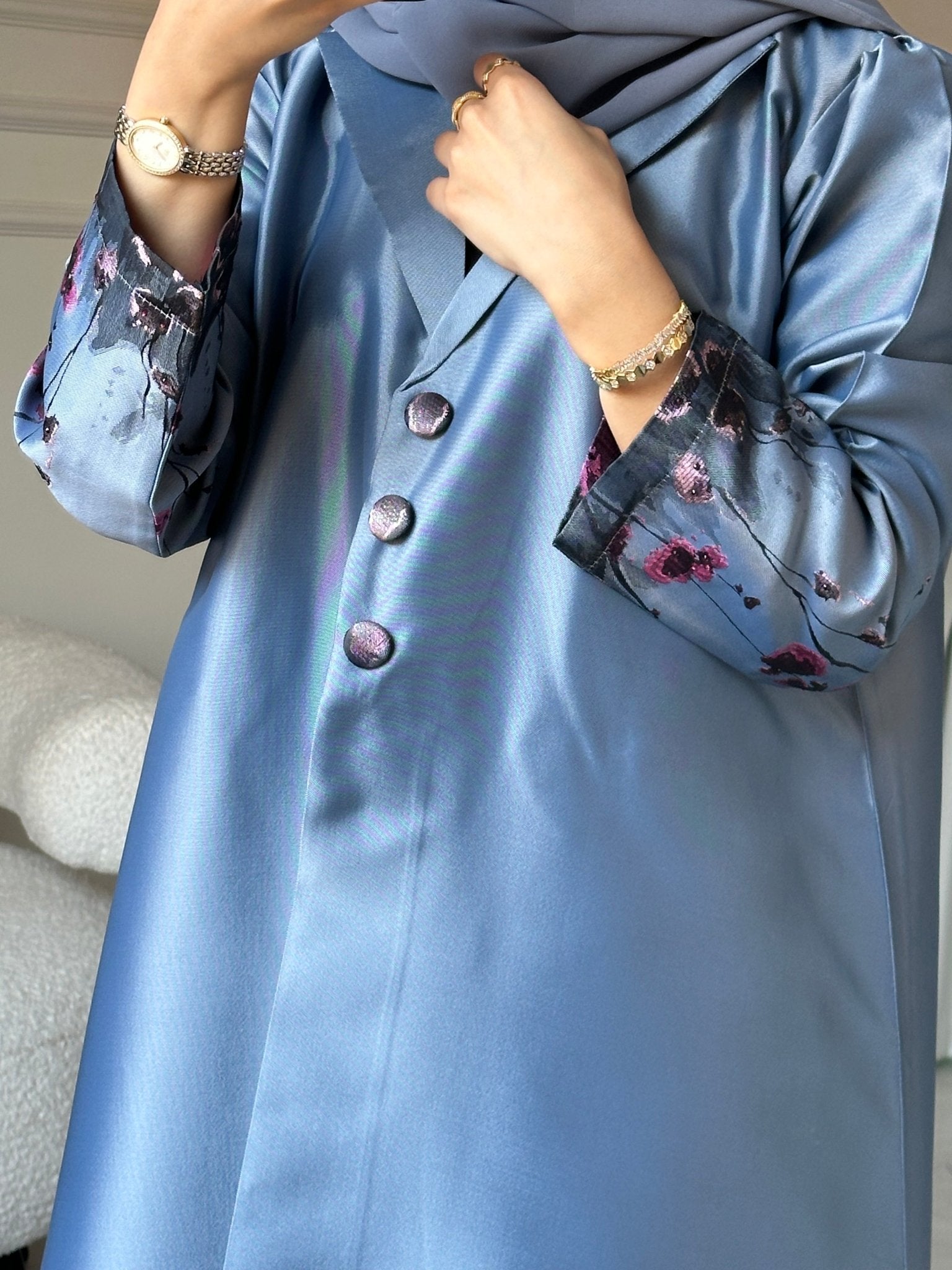 C 0823 - 03 Blue Floral Printed Abaya