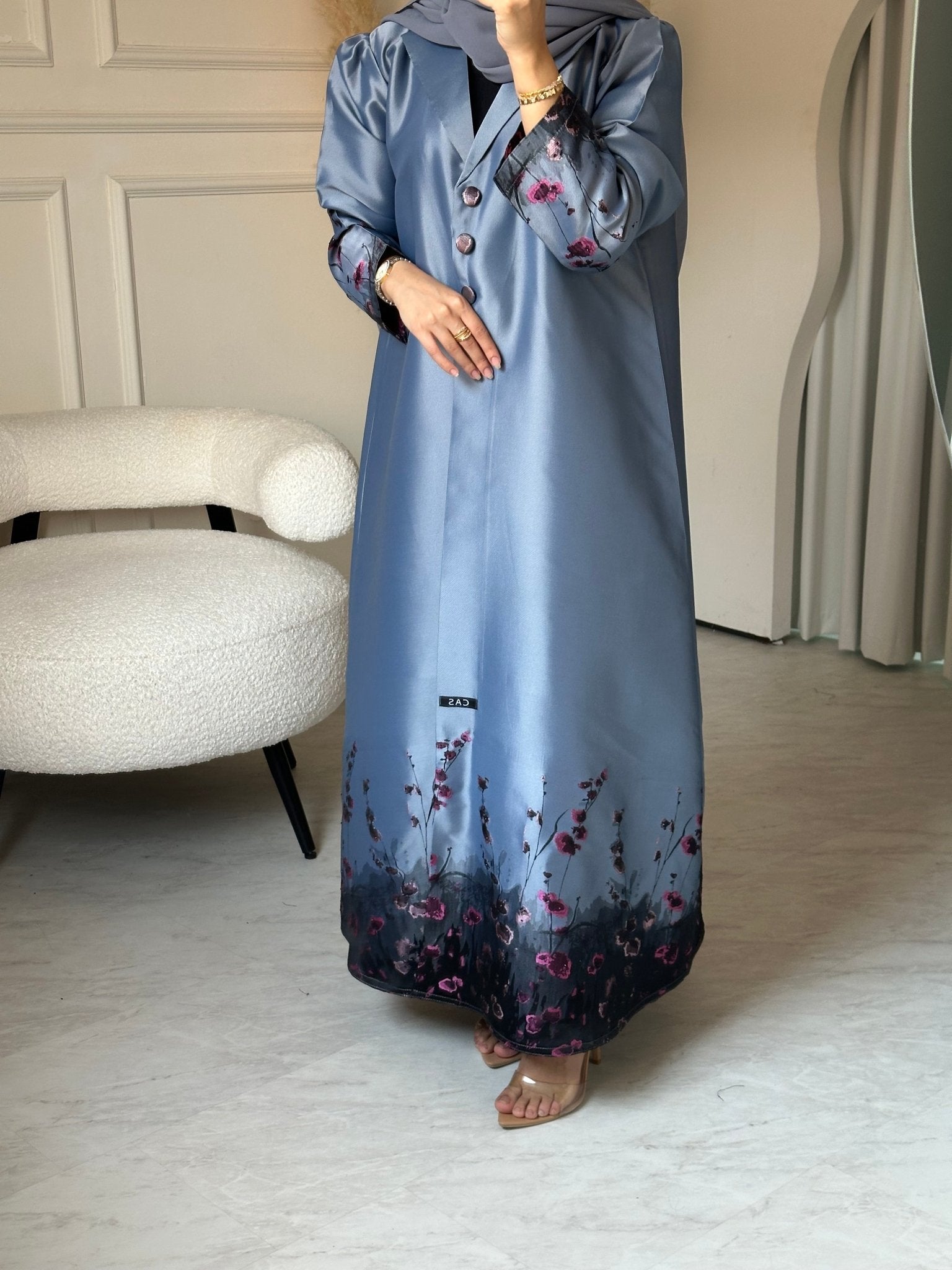 C 0823 - 03 Blue Floral Printed Abaya