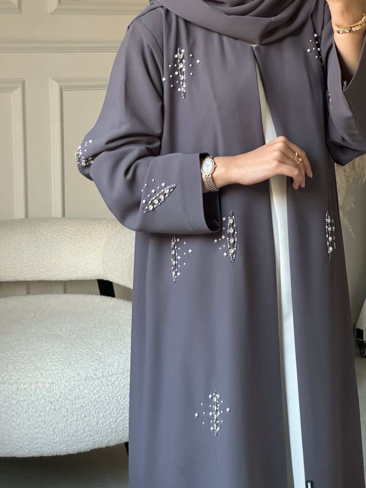 C 0827 Grey Beaded Abaya