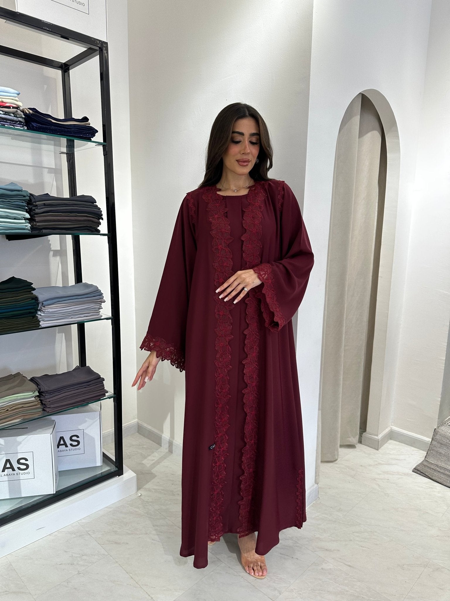 C 0836 Maroon Lace Abaya Set