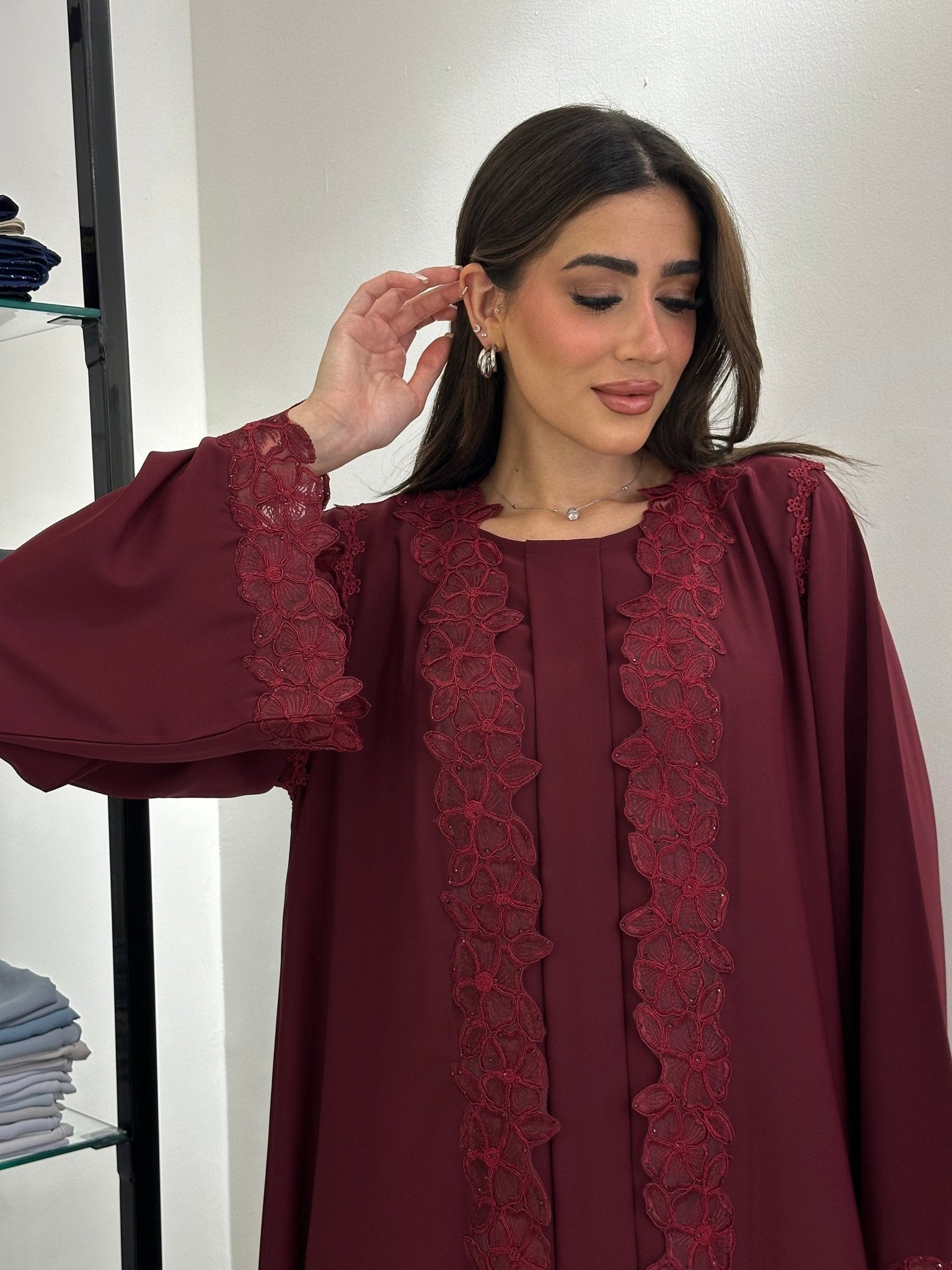 C 0836 Maroon Lace Abaya Set
