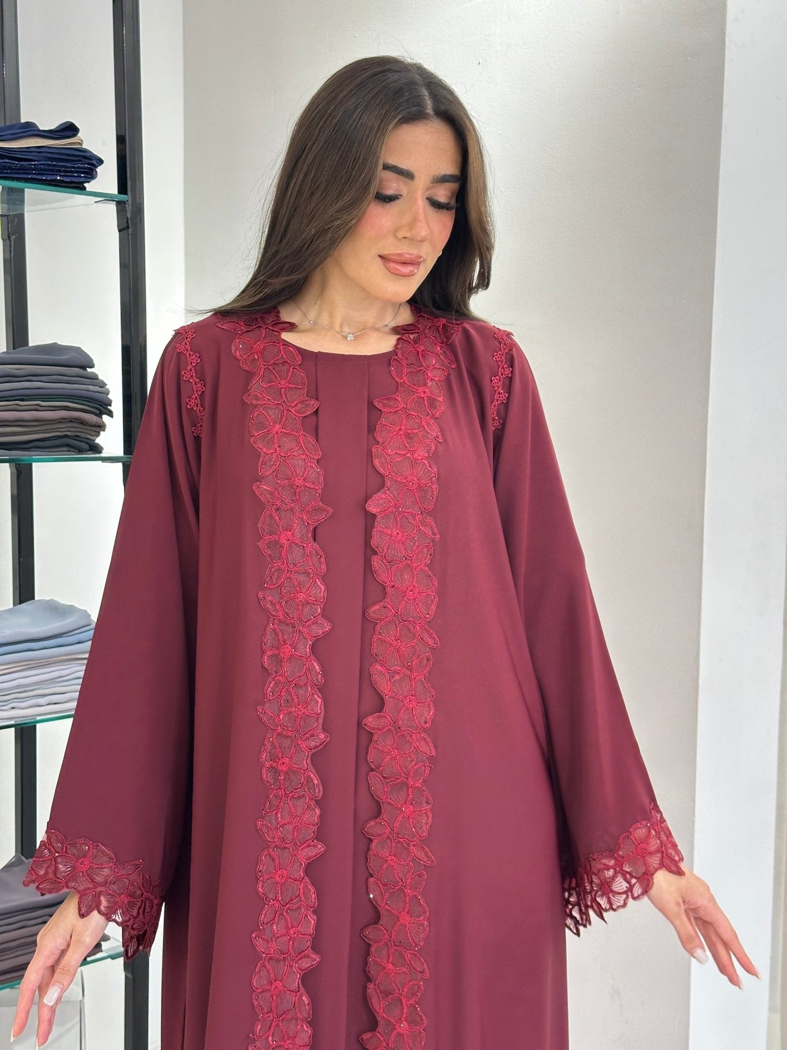C 0836 Maroon Lace Abaya Set