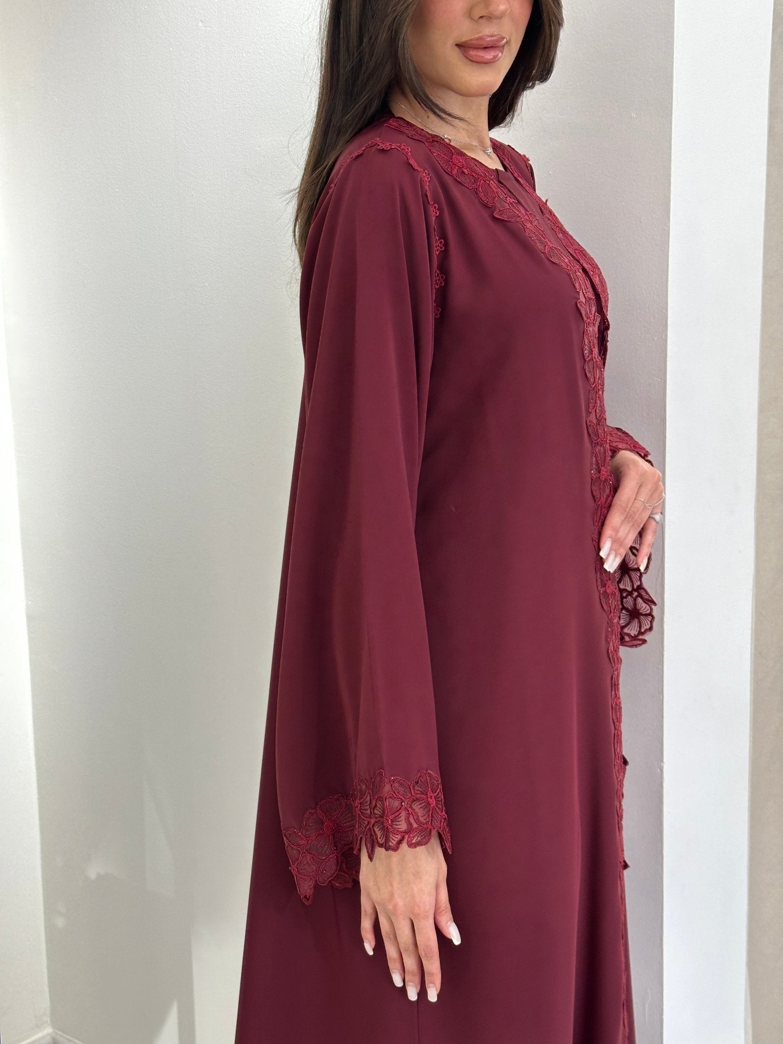 C 0836 Maroon Lace Abaya Set