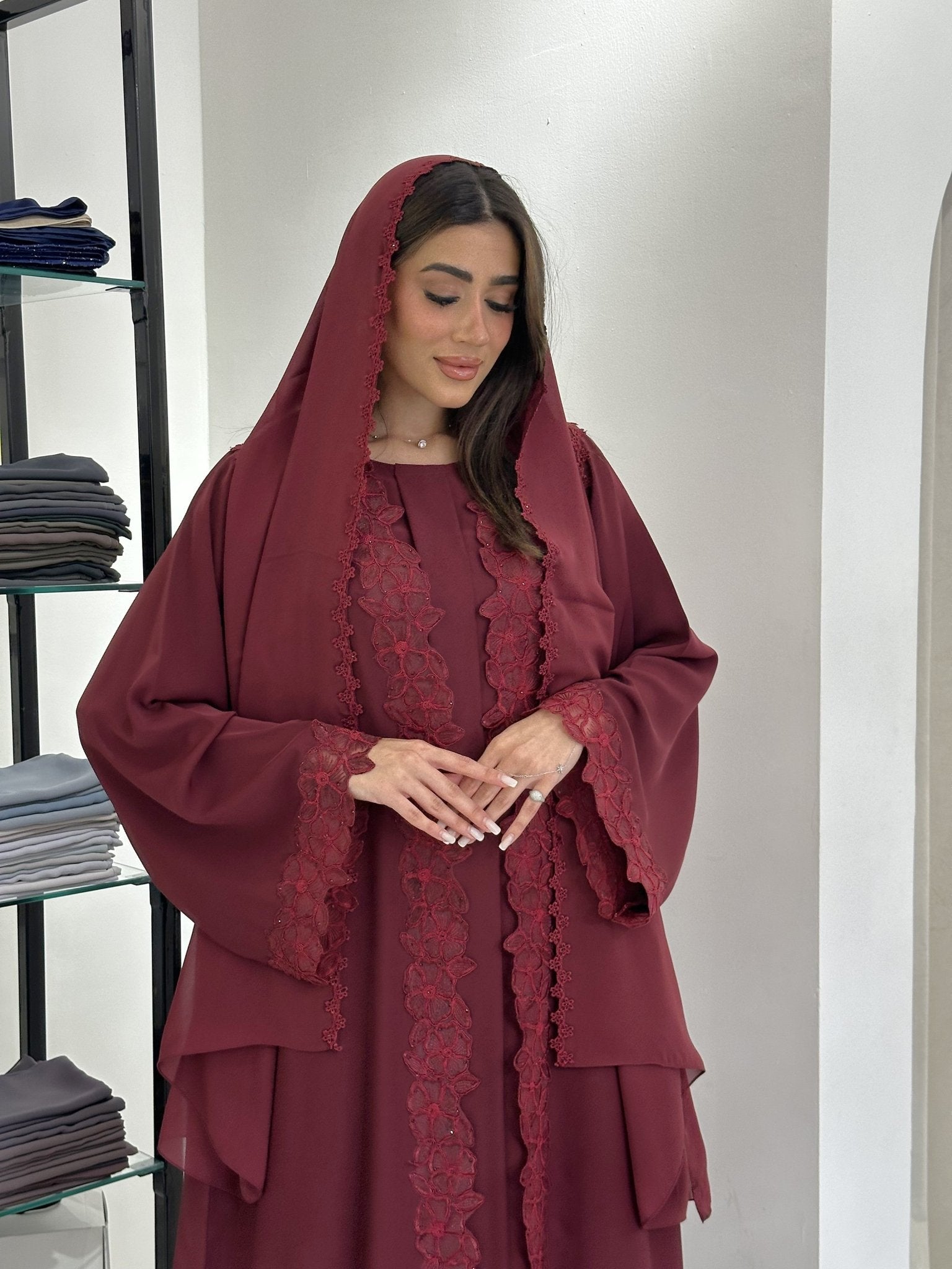 C 0836 Maroon Lace Abaya Set