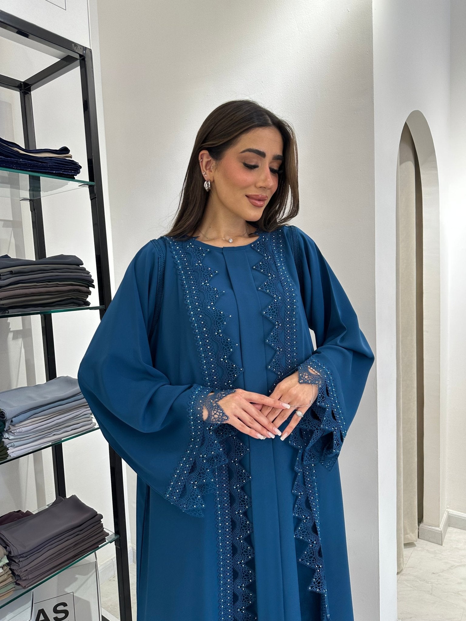 C 0837 Teal Lace Abaya Set