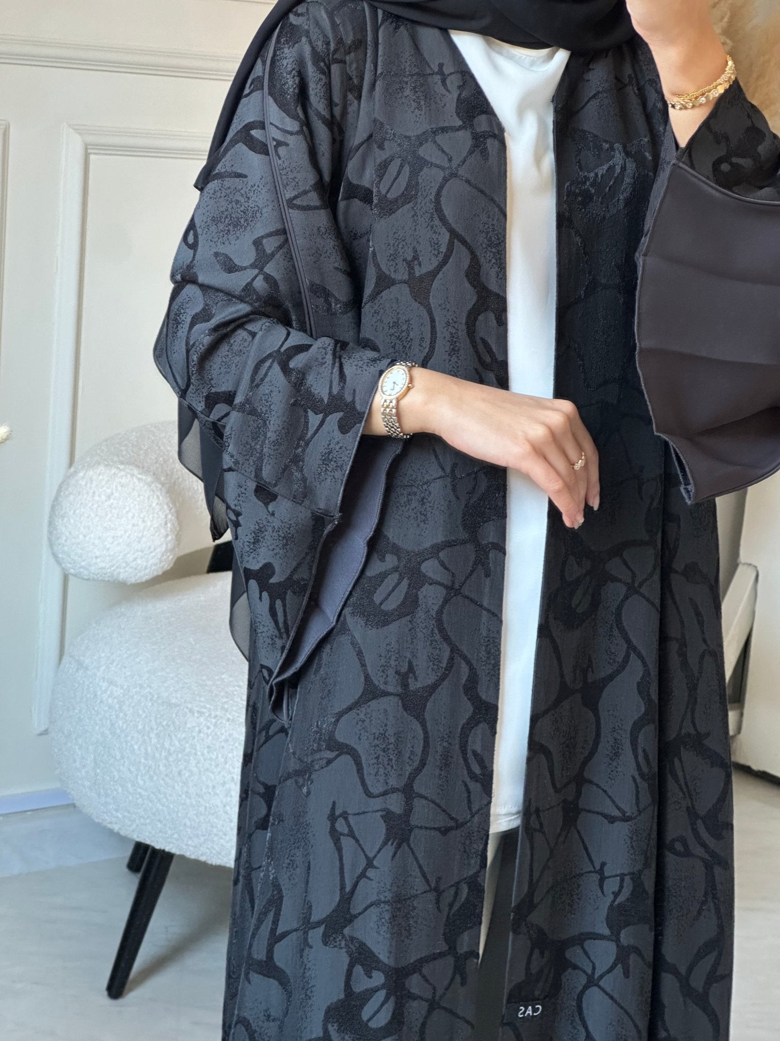 C 0839 Black Grey Printed Abaya