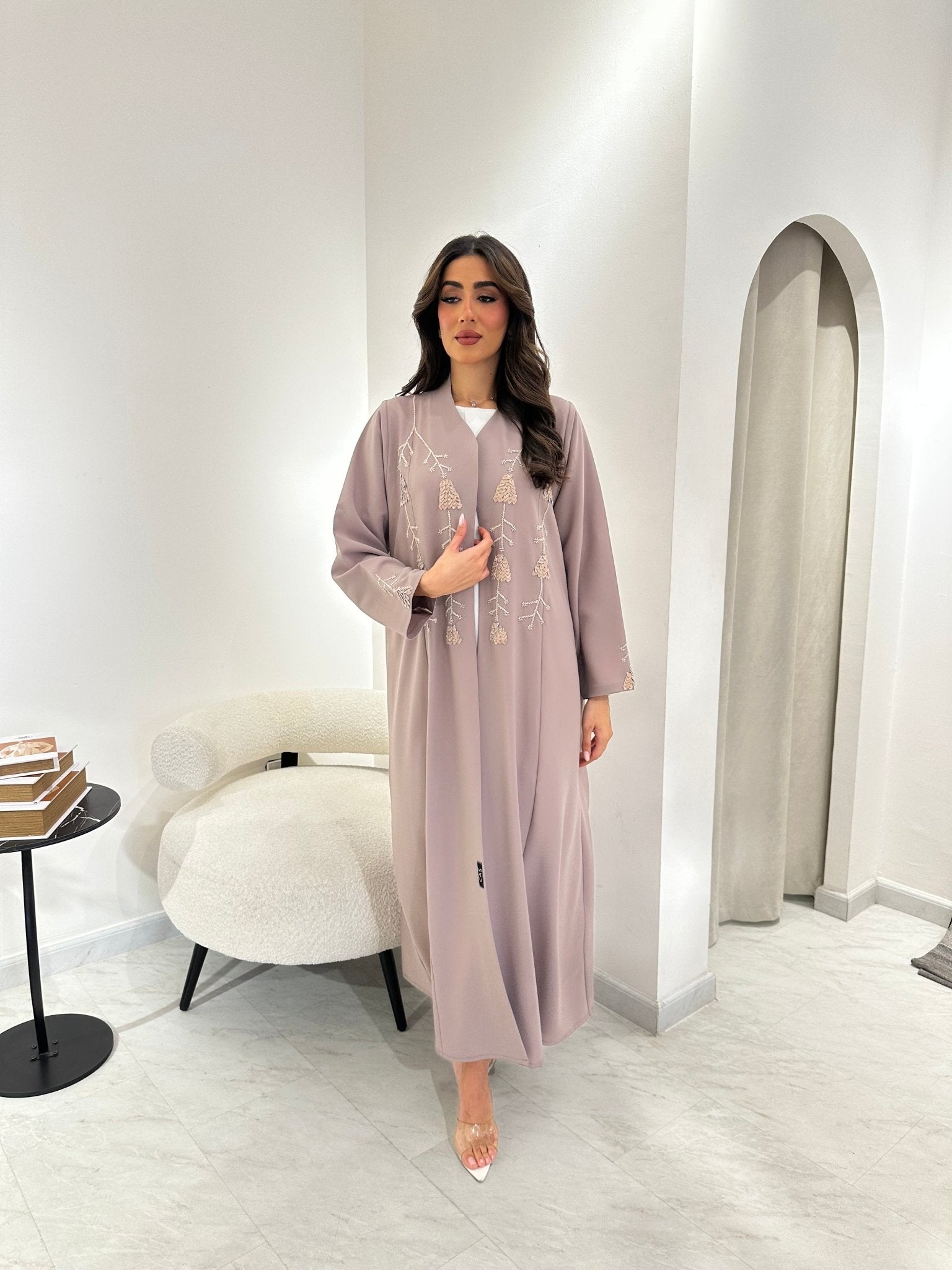 C 0911 Nude Beaded Eid Abaya